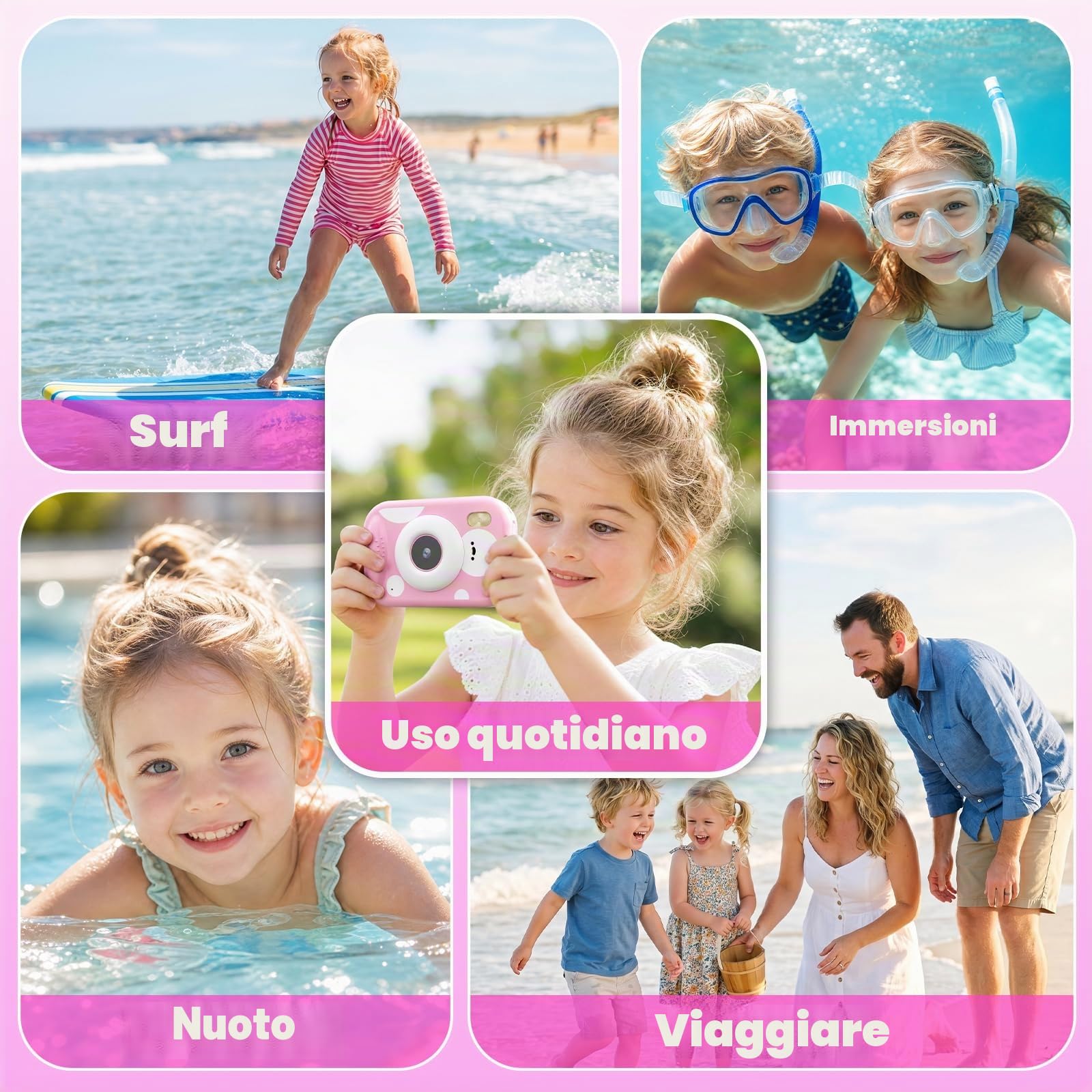 Fotocamera per Bambini, 48MP 1080P Macchina Fotografica Subacquea Impermeabile Digitale Bambini con 2,4 Pollici Schermo Scheda TF Flash LED, Regalo Giocattolo per Bambina e Bambino 3-12 Anni, Rosa