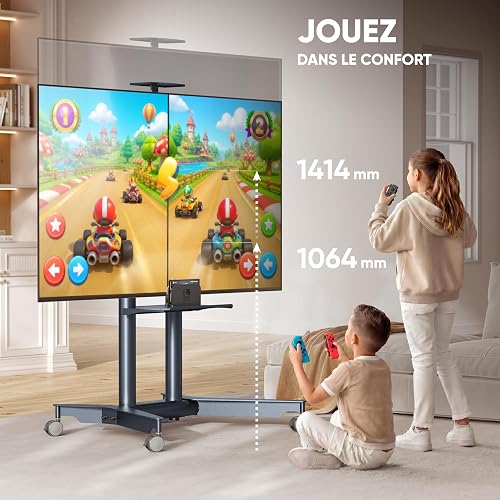 ONKRON Mobile TV Stand on Wheels for 32-75 Inch Screen, max Load 132 lbs, Height Adjustable Portable Stand, max VESA 600x400, Movable TV Cart Rolling TV Stand with Shelf, Lockable Wheels, Graphite - 3