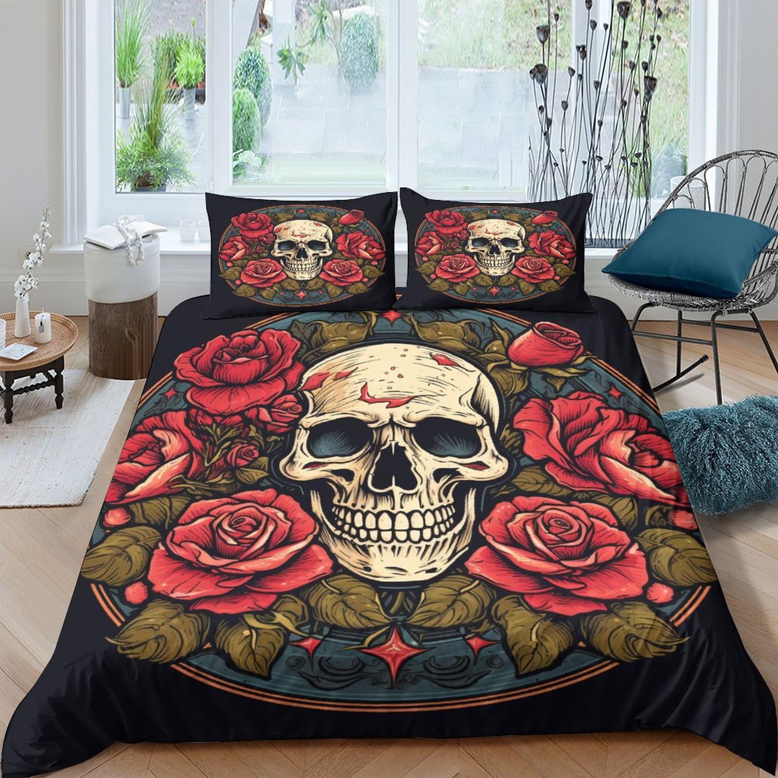 Housse de couette crâne rose 220x240 cm retro gothique 3D avec 2 taies d'oreiller