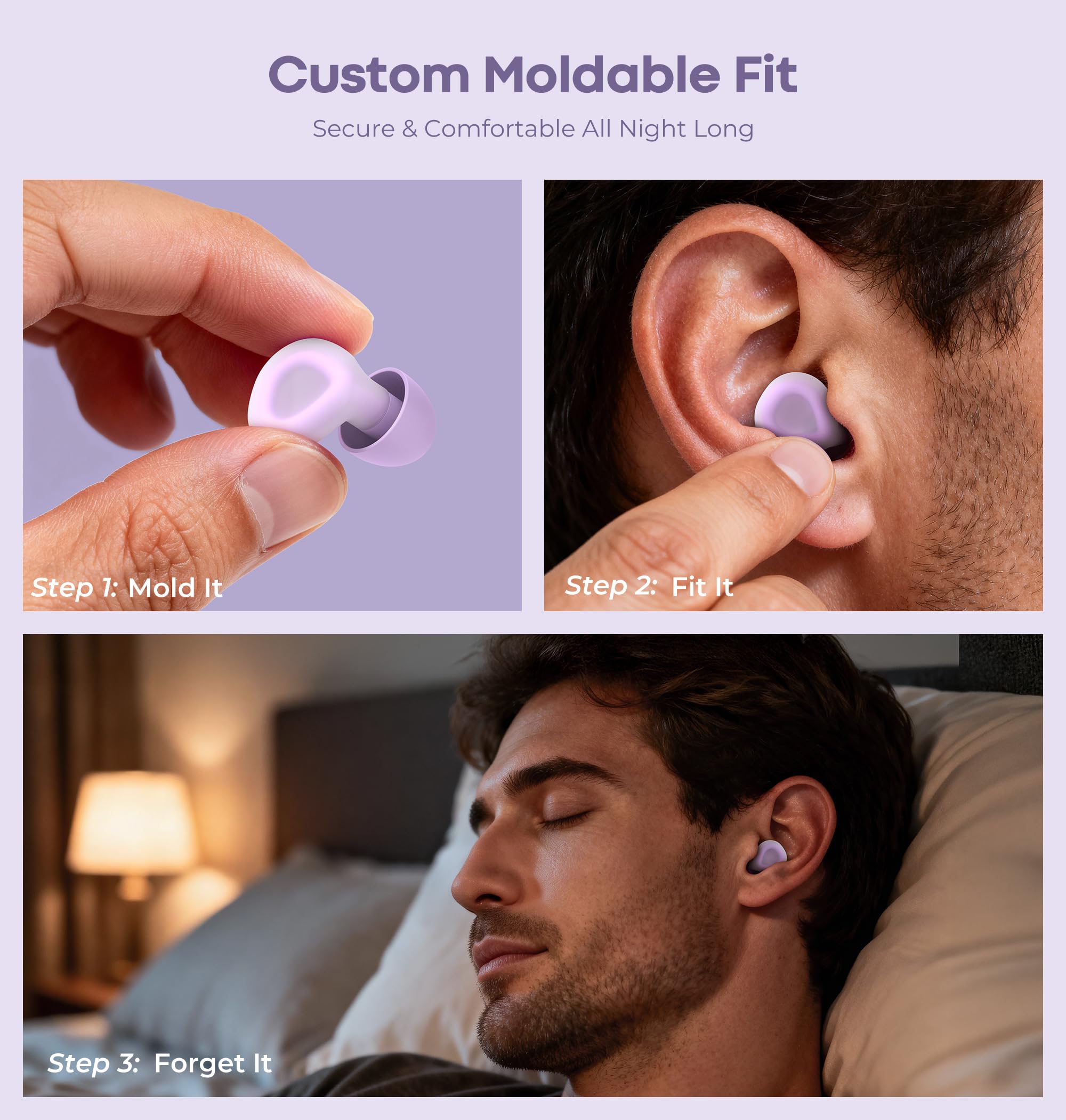 LC-dolida Aura Pro Sleep Earplugs, 38dB Higher Noise Reduction - Ultra-Soft Silicone for Snoring & Noise Blocking, Skin-Safe Custom Fit, Sleek & Reusable for Travel, Office(): Purple