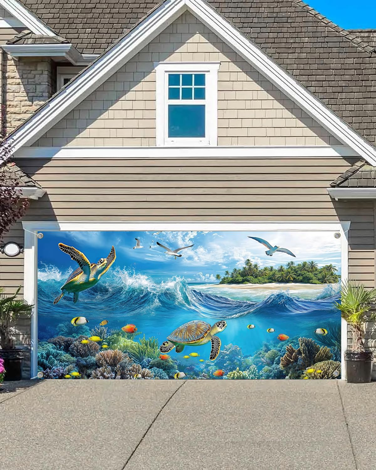 16X7FT Summer Under The Sea Garage Door Banner Cover, Ocean Beach Sea Turtle Wave Seaside Islands Party Decorations Backdrop Background, Summer Holiday Outdoor Party Decor