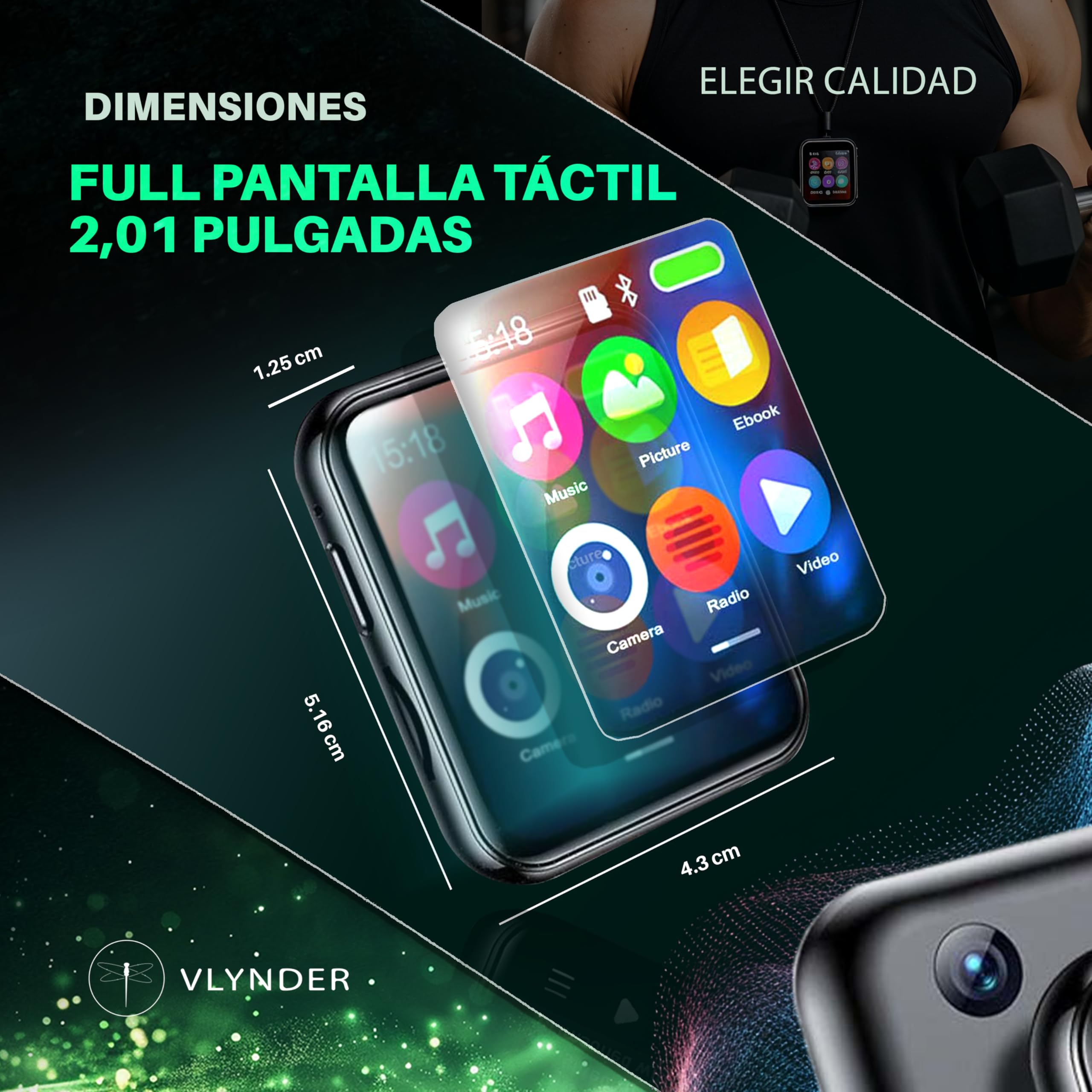 Reproductor MP3 con Bluetooth 5.4, 64GB | Mini HiFi-Music Player con Clip Deportivo | Premium | Pantalla Táctil 2,01 Pulgadas | Cámara 720P | Radio FM | Grabadora de Voz | Expansible 256gb