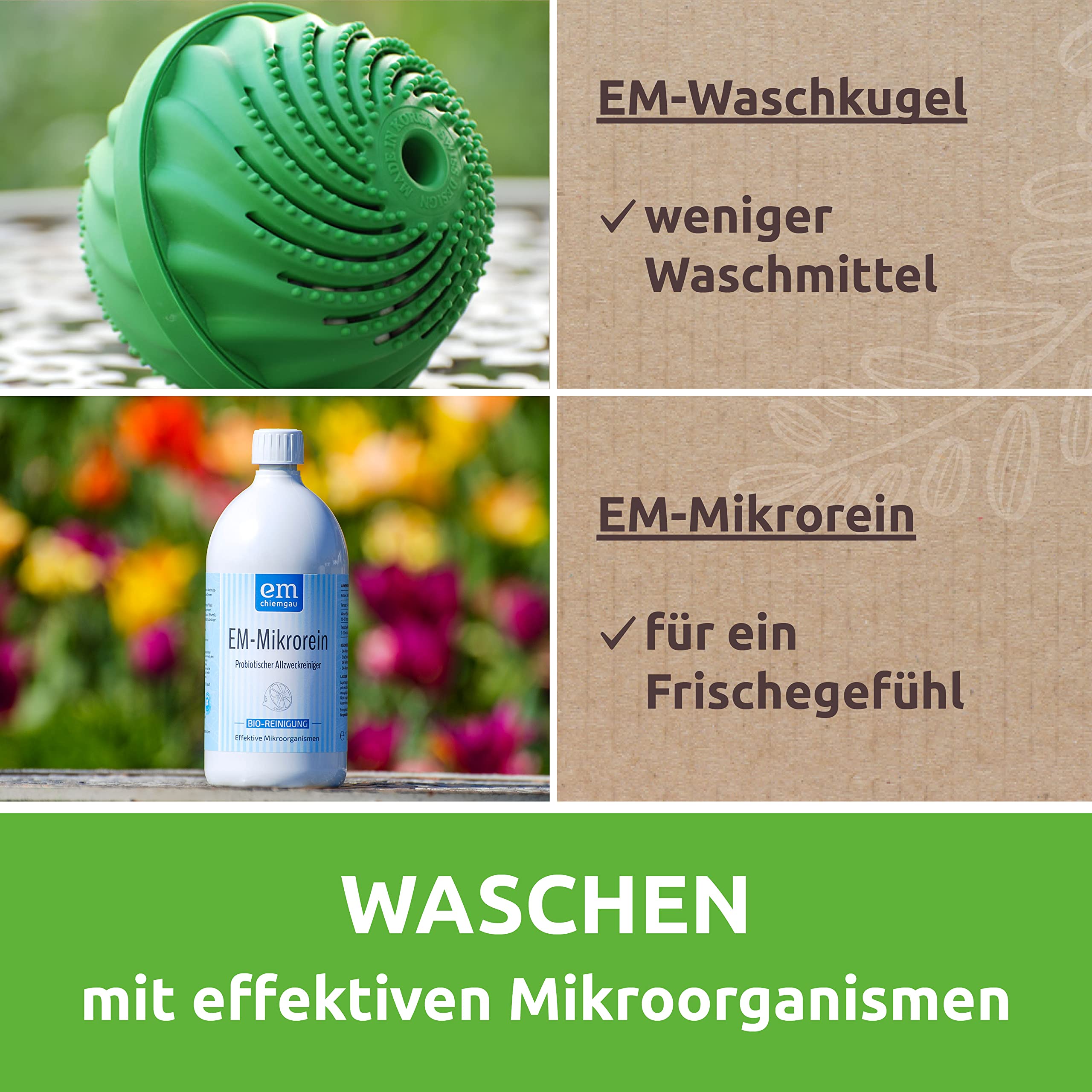 EM-Chiemgau Waschkugel Set mit Effektiven Mikroorganismen [Chemiefrei] Wäsche reinigen mit Probiotischem Weichspüler Mikrorein, Waschsoda, Natron, Waschkugeln & Praxis-Anleitung für Einsteiger