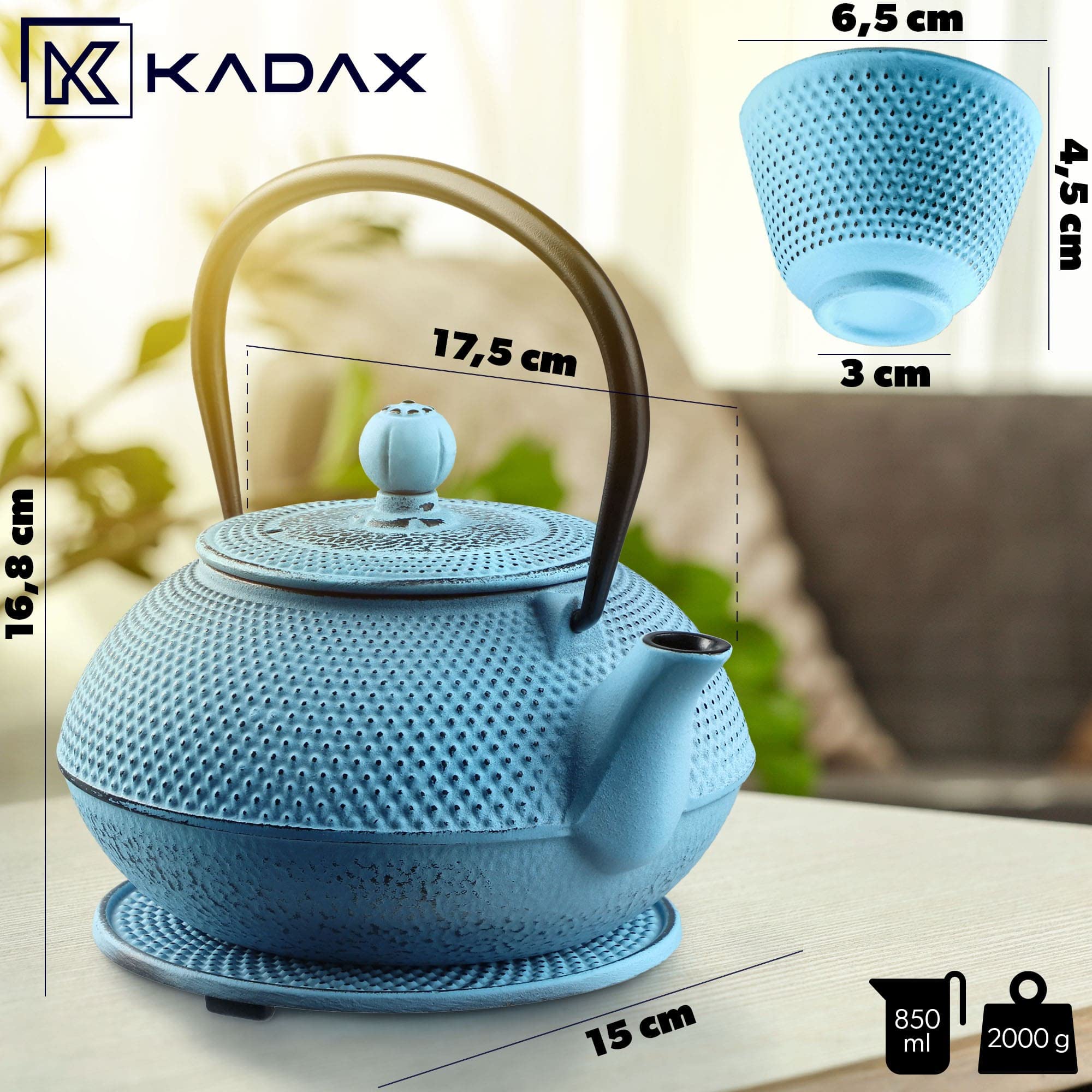 KADAX Tetera japonesa, hervidor de hierro fundido de 850 ml, jarra de 15 cm con filtro de malla y mango resistente, juego de té estilo japonés, jarra de hierro tradicional (azul)
