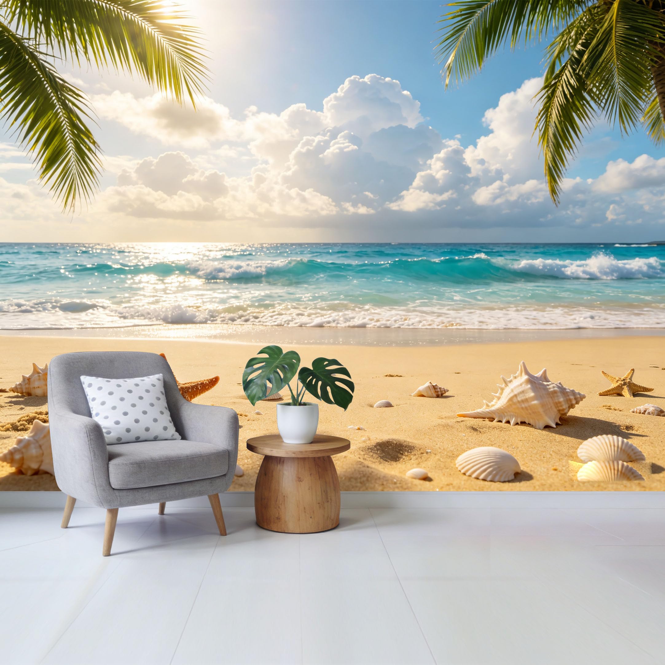 Qzlithotic Yq2605250018 Custom Size Wall Mural Tropical Coastal Beach Scenery Palm Tree Seashell Starfish Selfadhesive Wall Fabric Removable Wallpaper For Home Office Decor