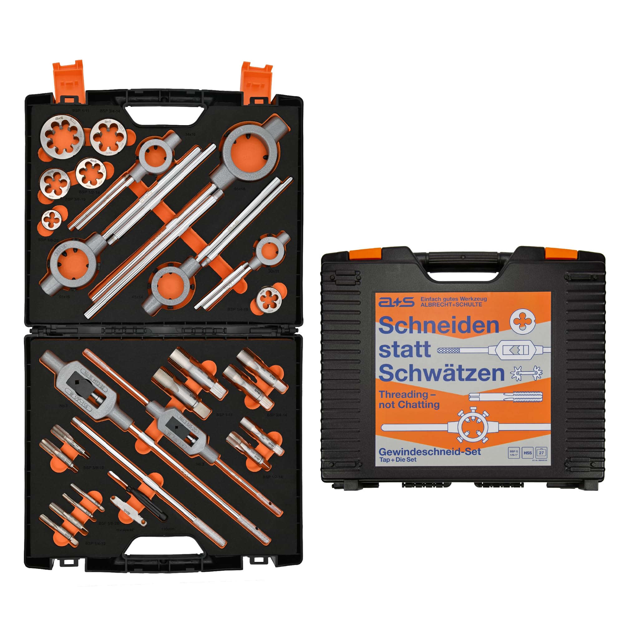 a+s HSS BSP G Rohrgewindeschneider Set | 1/8-1'', 27-tlg. | Gewindeschneider Set Zoll | Whitworth Rohrgewinde