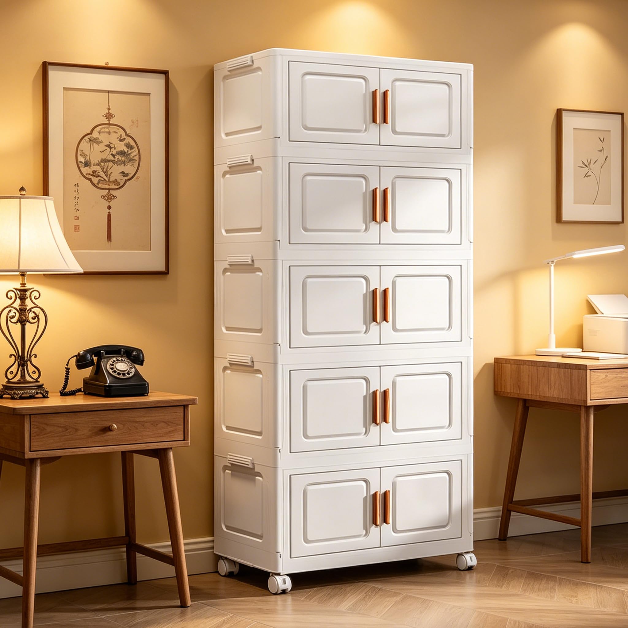 5 Tier Folding Storage Cabinet with Wheels Stackable Plastic Storage Boxes