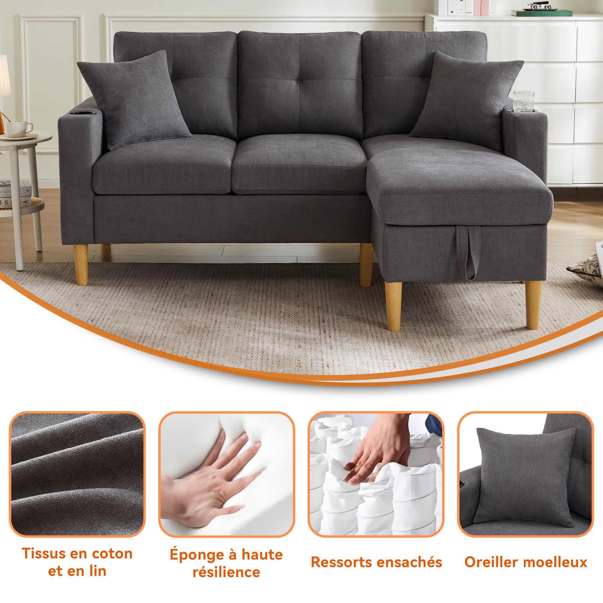 Bladez Sofá esquinero de 3 plazas en forma de L con espacio de almacenamiento y soporte para bebidas, sofá reversible con 2 cojines, sofá de lino de algodón para salón, oficina y apartamento (gris
