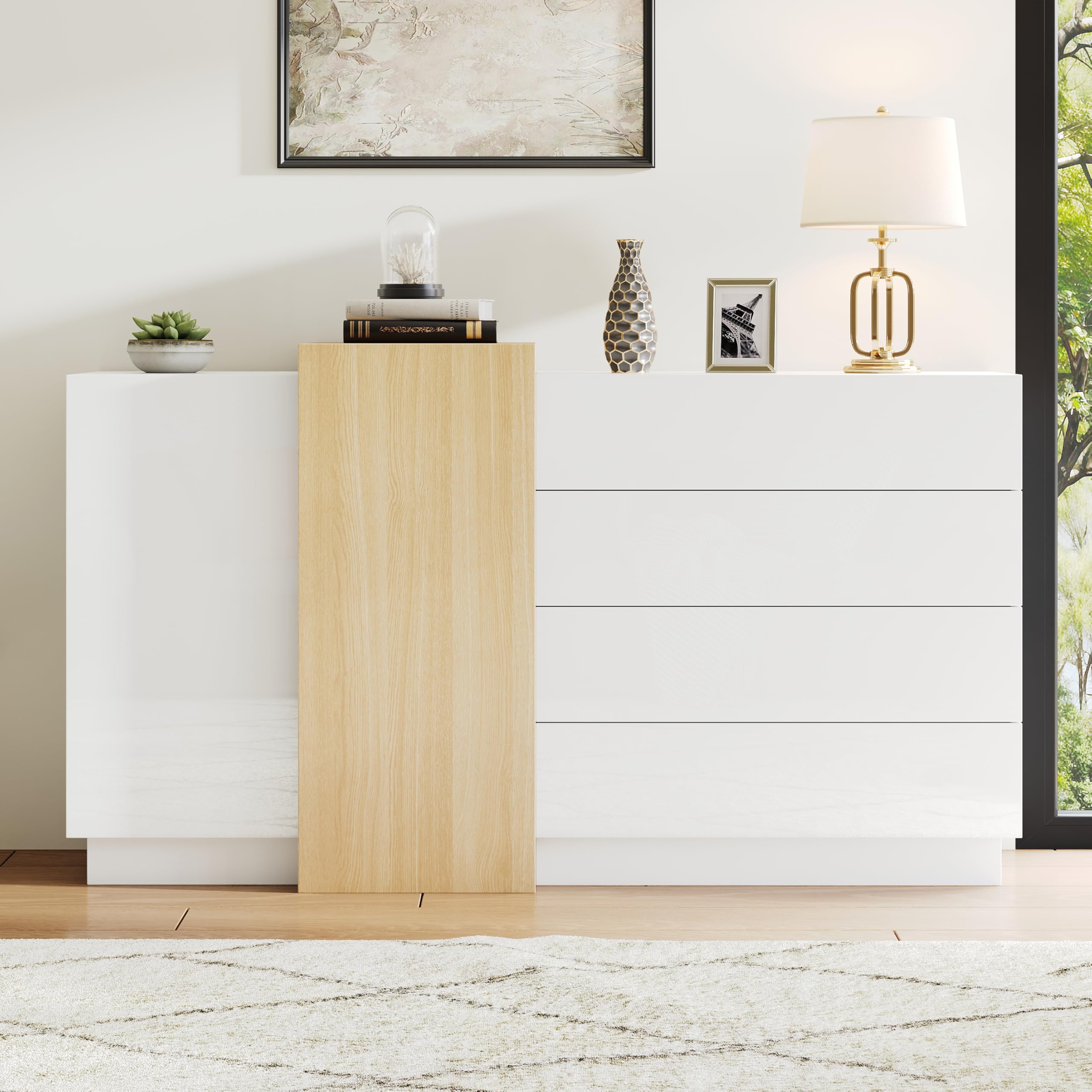 Merax 140cm White High Gloss Sideboard Cabinet with 4 Drawers & 2 Doors, Modern Large Storage Unit with Natural Wood Accents, Display Sideboard for Living Room, Dining Room, Kitchen and Bedroom