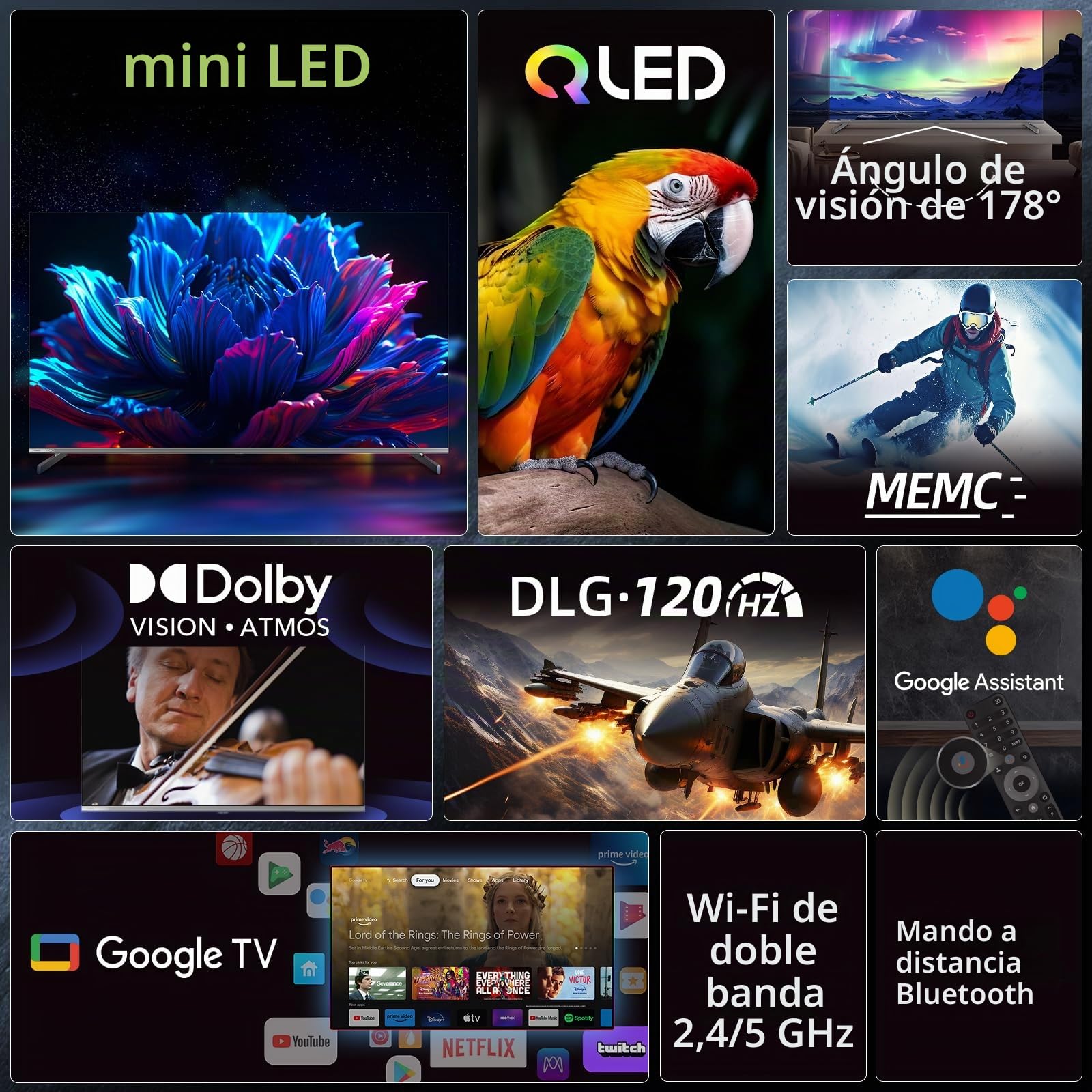 CHiQ M65QA9 65 Pulgadas TV Smart 4K Mini QLED, (Android 14),60Hz MEMC & Local Dimming,Dolby Vision & Atmos,DLG 120Hz* (Mejorado por Software),HDR10