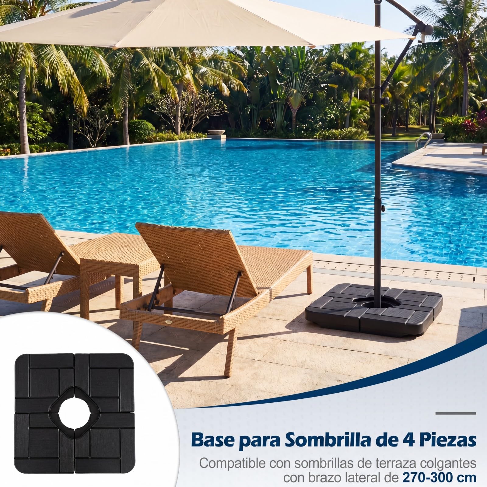 COSTWAY Base para Sombrilla de 4 Piezas, 84 kg Soporte de Sombrilla Rellenable con Agua o Arena, Asas de Transporte, Base Cuadrada de Parasol Voladizo de Exterior para Patio Jardín Terraza (85 kg)