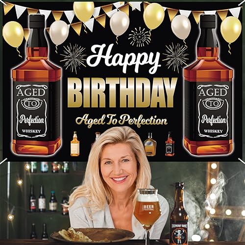 Miniatura 7 de Cartel negro de 4 x 6 pies para decoración de fiesta de whisky de feliz cumpleaños letrero negro  Envejecido a la perfección aniversario cabina de