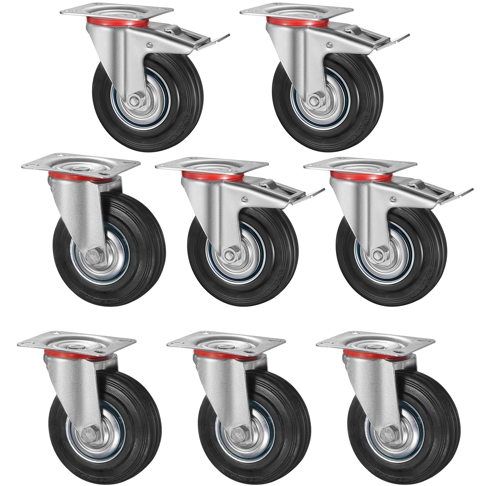 Set di 8 Ruote per Mobili Pesanti con 4 Freno, 200 mm Rotelle Girevoli, Capacità 1280 kg, Carrelli Ruotabili a 360°Nessuna Rumorosità, per Pallet, Trolley, Resistenti