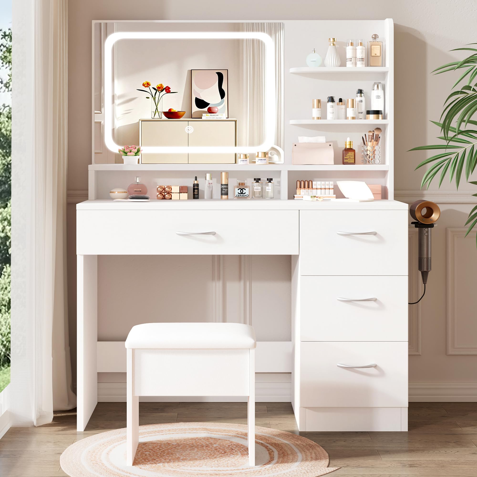 Best Makeup Vanity for Bathroom: 2026 Picks 1 LIVELYGLOW White Makeup Vanity Desk with Charging Station & 4 Drawers — product photo