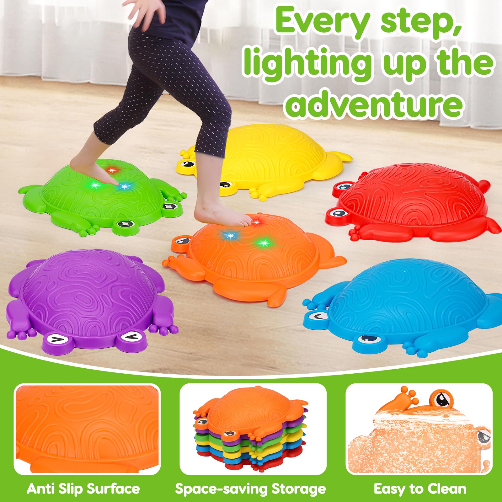 6 PCS Kids Stepping Stones Light Up Frog Balance Stones Outside Toys Ages 3-5 4-8 Plastic Jumping Step Stone Indoor Outdoor Sensory Play Toddler Obstacle Course Coordination Game 3 4 5 6 7 Year Old - Image 4