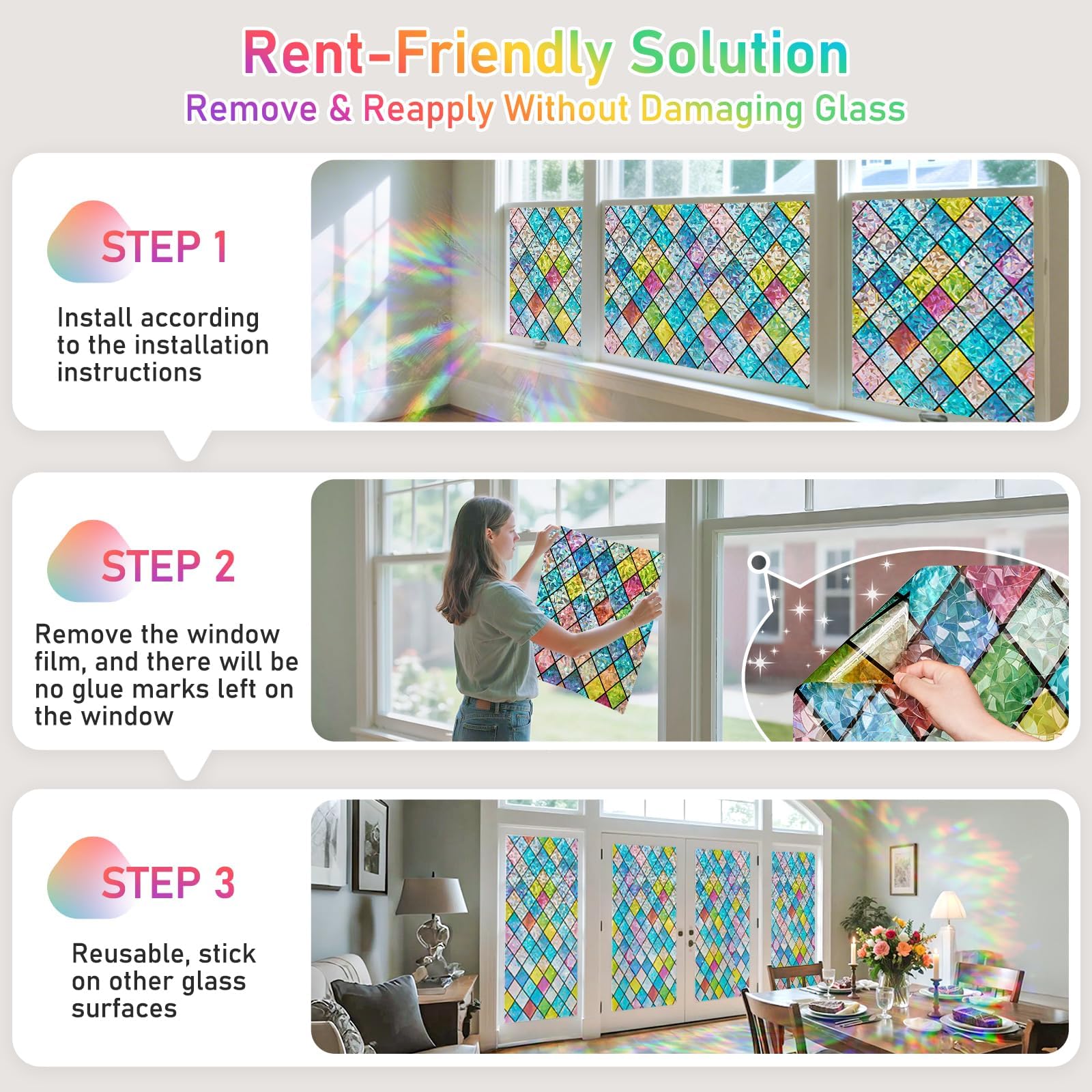 Beautysaid Film de fenêtre en Verre dépoli avec Motif Arc-en-Ciel, Anti-UV, Statique, sans Colle, pour Maison, Chambre à Coucher, Salle de Bain, Bureau, 60 x 400 cm