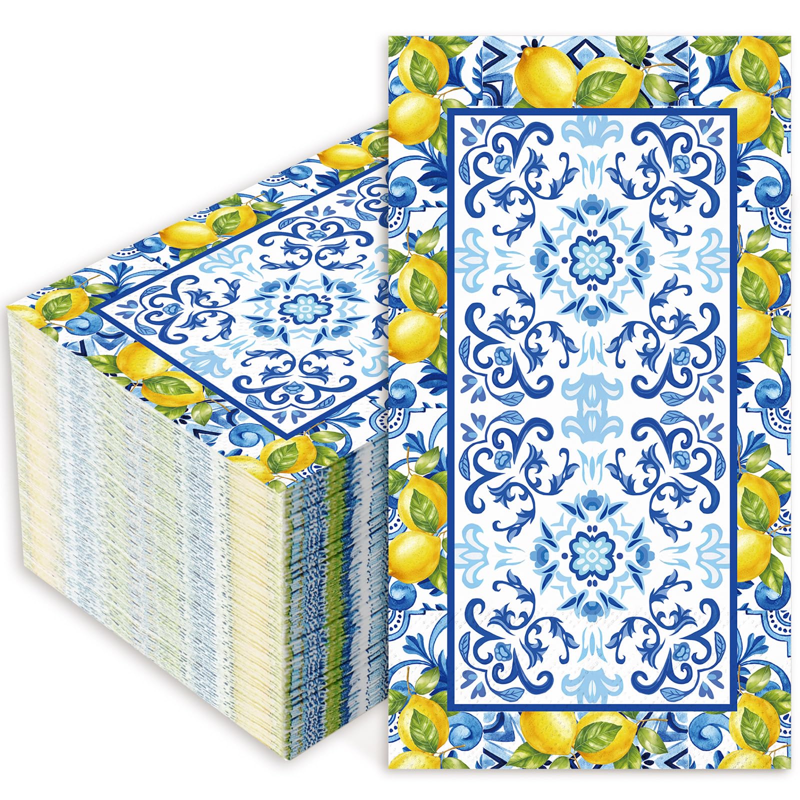 JarThenaAMCS 80Pcs Lemon Guest Napkins Blue Tile Lemon Disposable Paper Napkin Mediterranean Dinner Hand Napkin for Summer Party Supplies