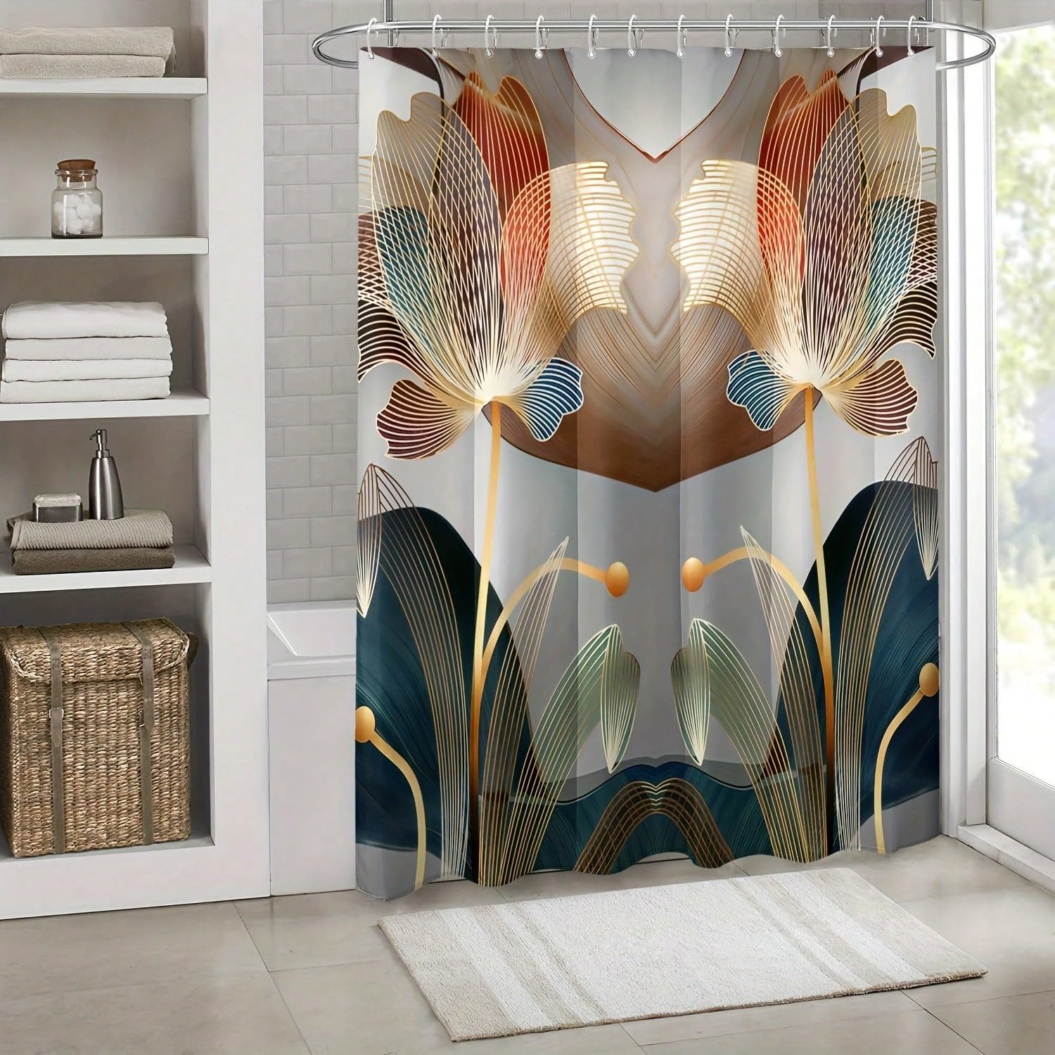 GLKSDLPO Line-Drawn Floral Pattern Shower Curtain Set, Modern Printed Window Curtain(120x240cm/47x94in(WxH)
