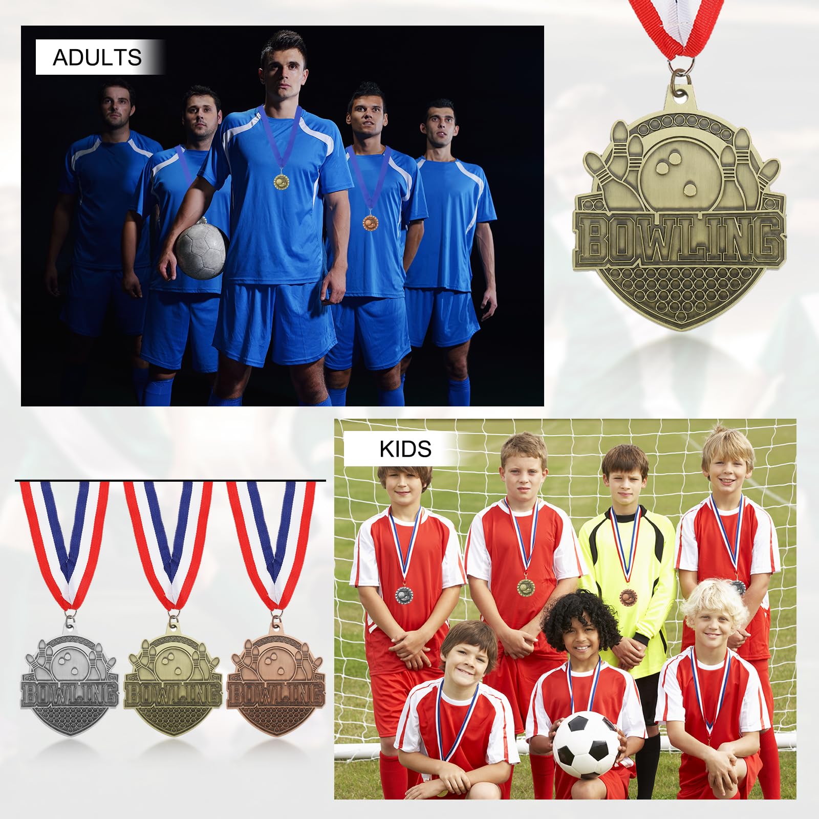 PATIKIL Medaglie d'oro Argento Bronzo per Giochi Bowling con Nastri Rosso & Bianco & Blu, Medaglia di Bowlingo 9Pz Medaglie Vincitore Premi Competizioni Oro/Argento/Rosso