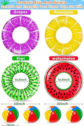 Miniatura 3 de Paquete de 8 flotadores inflables de piscina para niños, 4 tubos de natación de frutas y 4 bolas de playa, flotadores de piscina, juguetes de playa