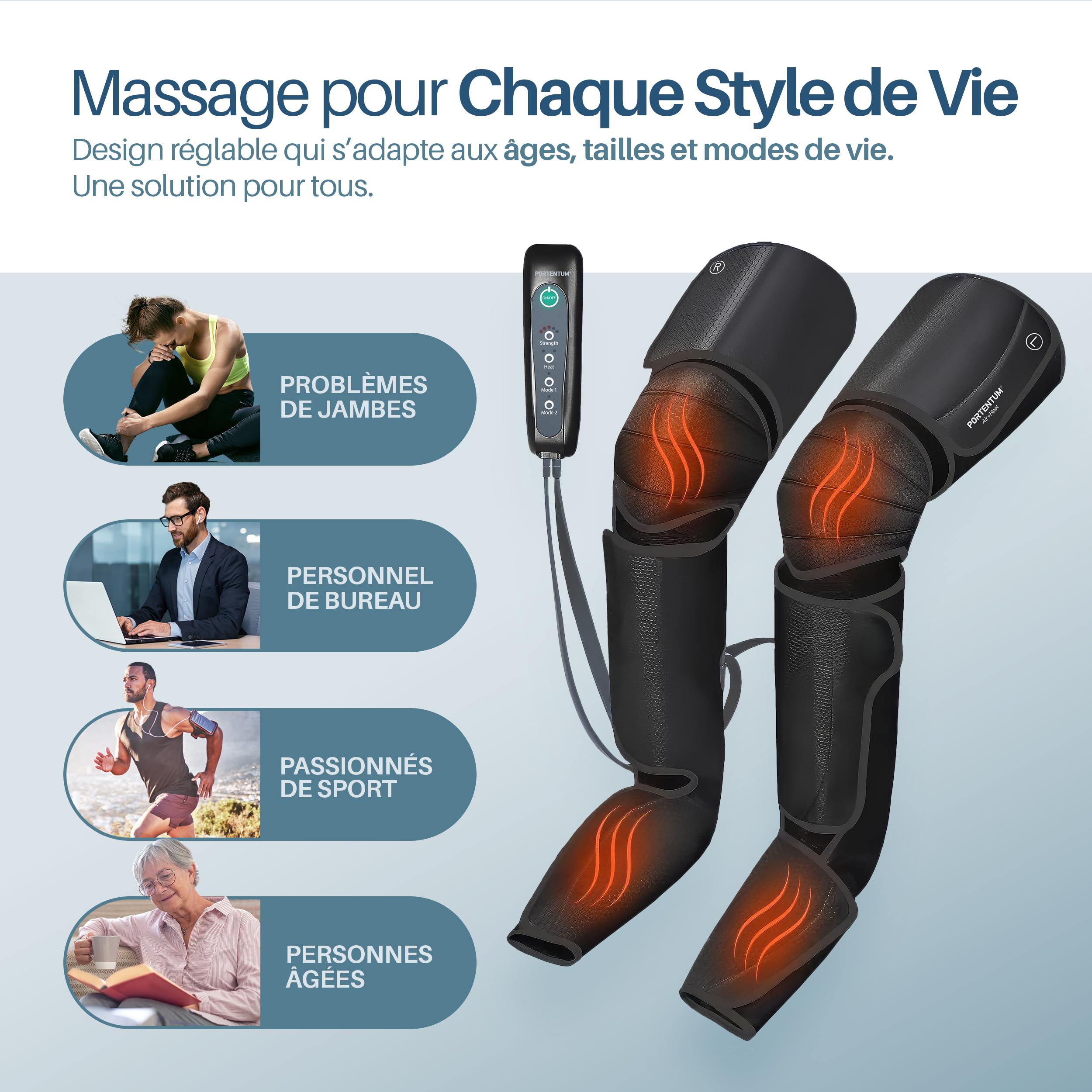PORTENTUM Bottes de pressothérapie avec chaleur réglable – 5 niveaux de compression d’air – Télécommande – Favorise le drainage lymphatique – Soulage la sensation de fatigue et de lourdeur