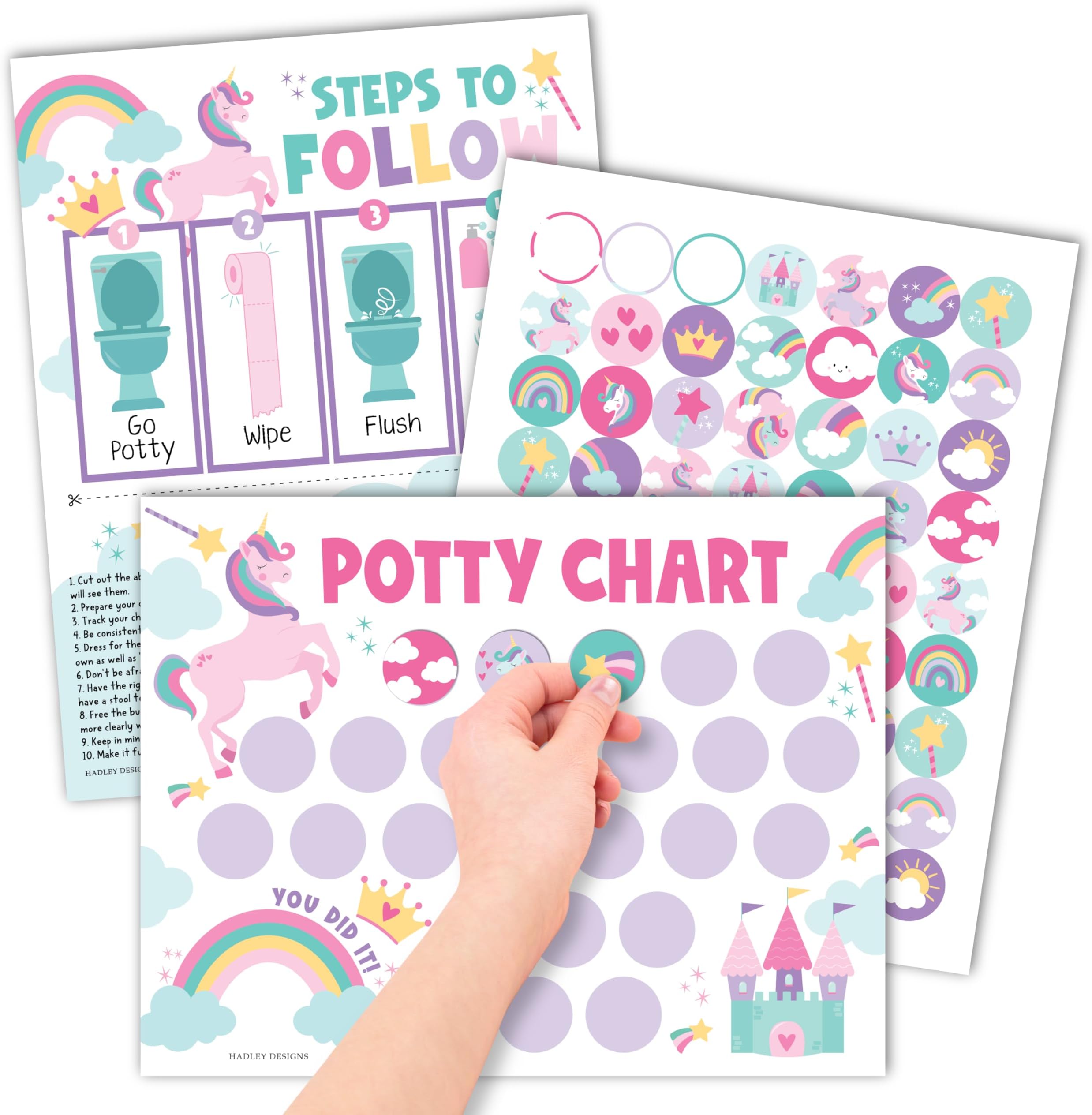 Hadley Designs Potty Training Chart for Toddlers Girls -10 Sticker Potty Chart for Toddlers Girls, 8.5x11" Potty Training Sticker Charts for Toilet Success, Unicorn Toddler Reward Chart for Kids