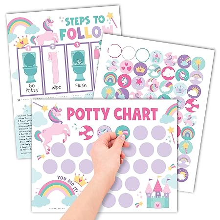 Hadley Designs Potty Training Chart for Girls with Fun Reward Stickers – 10 Potty Chart for Toddlers Girls, 8.5x11" Potty Training Sticker Chart for Toilet Success, Unicorn Reward Chart for Kids