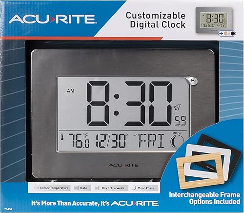 Miniatura 9 de AcuRite Reloj digital inalámbrico de pared/mesa con 4 marcos de plástico intercambiables, acero inoxidable, bambú, negro mate y blanco mate, con