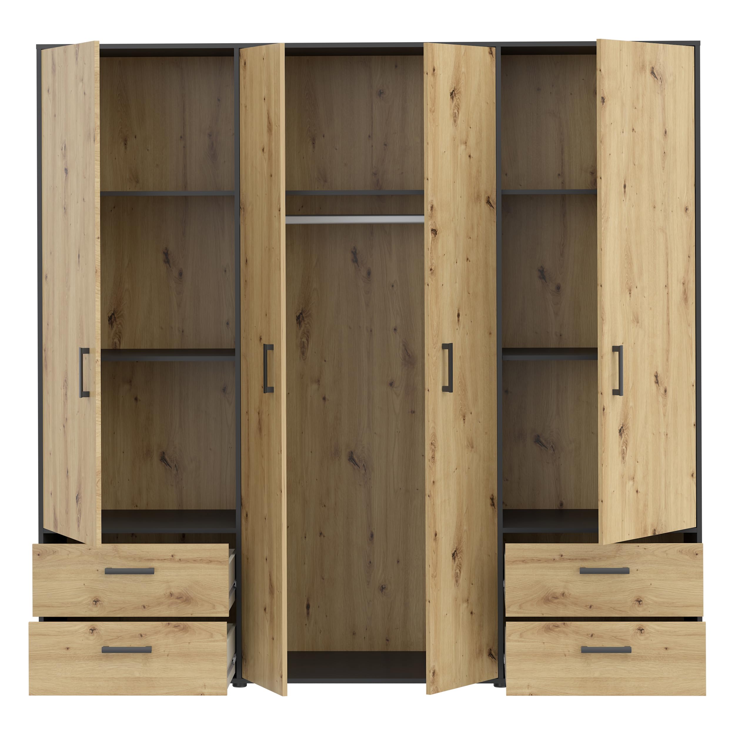 Forte MONISSA Kleiderschrank 200, moderner Drehtürenschrank, 4-türig, 4 Schubladen, Holzwerkstoff, Artisan Eiche Holzdekor|Schwarz, 205,9 cm breit x 200,1 cm hoch x 59 cm tief