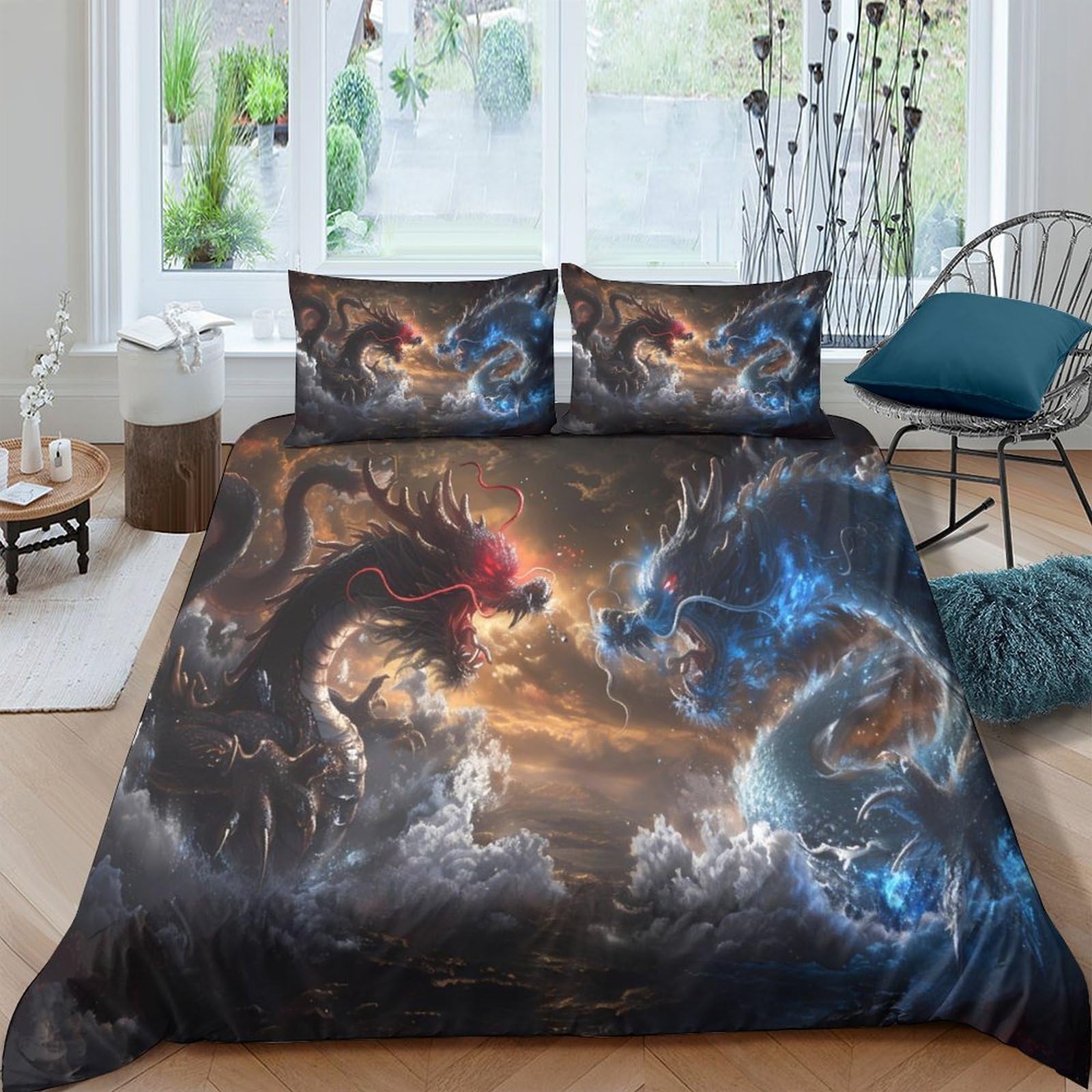 Ctjqhvkz Style-4 3D Printed Dragon Battle Fitted Sheet Microfiber Black Blue Fire Water Bed Cover Slip Resistant Machine Washable Decor Single（135X200cm）