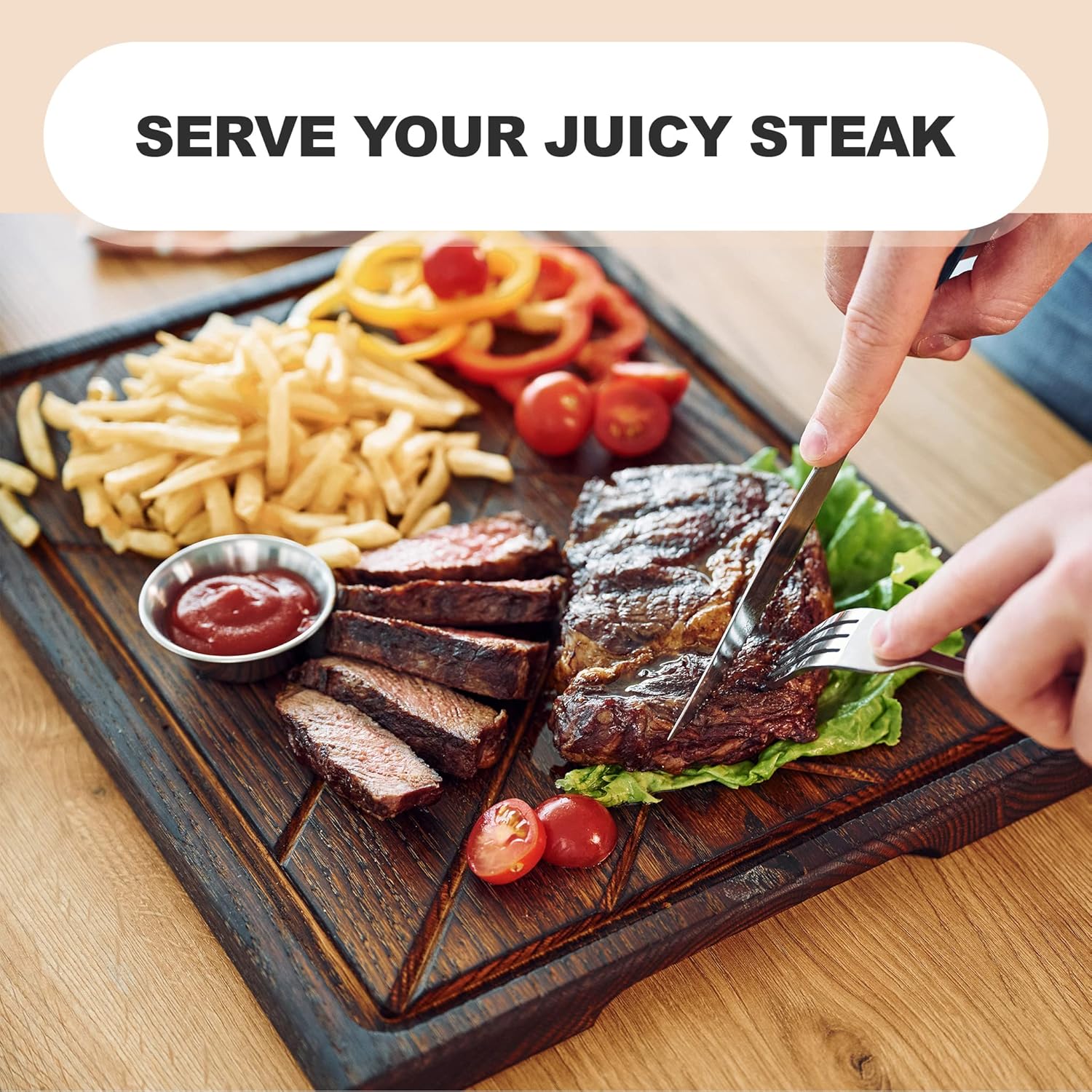TESLYAR Wooden Steak Board – Steak Cutting Board & BBQ Serving Platter – Solid Wood Charcuterie Board & Meat Serving Plate (X-Large)