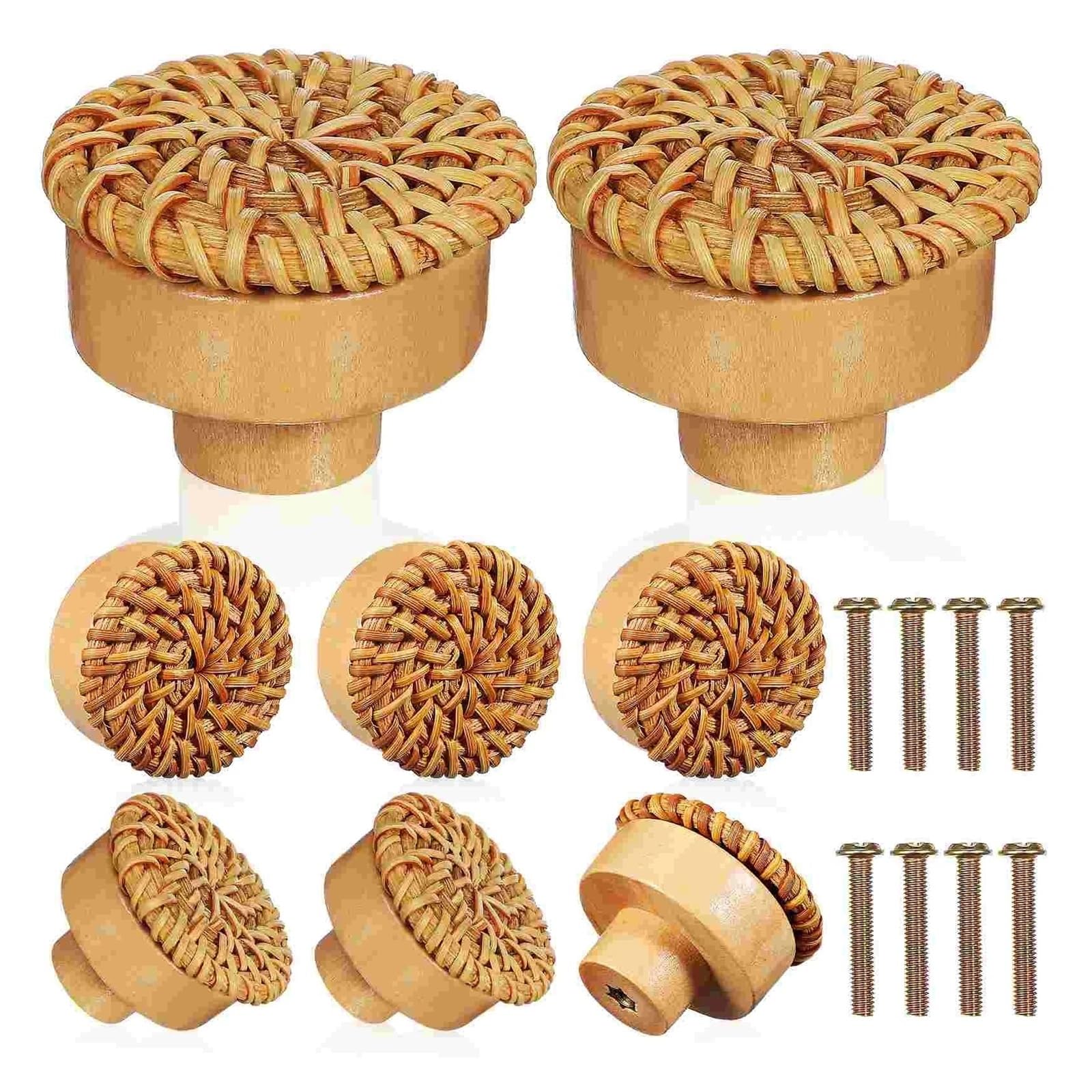 LSNNMU 8 Pcs 40MM Diameter Woven Rattan Drawer Knobs Solid Wood Cabinet Handles Furniture Pulls Dresser Wooden Cupboard for Home