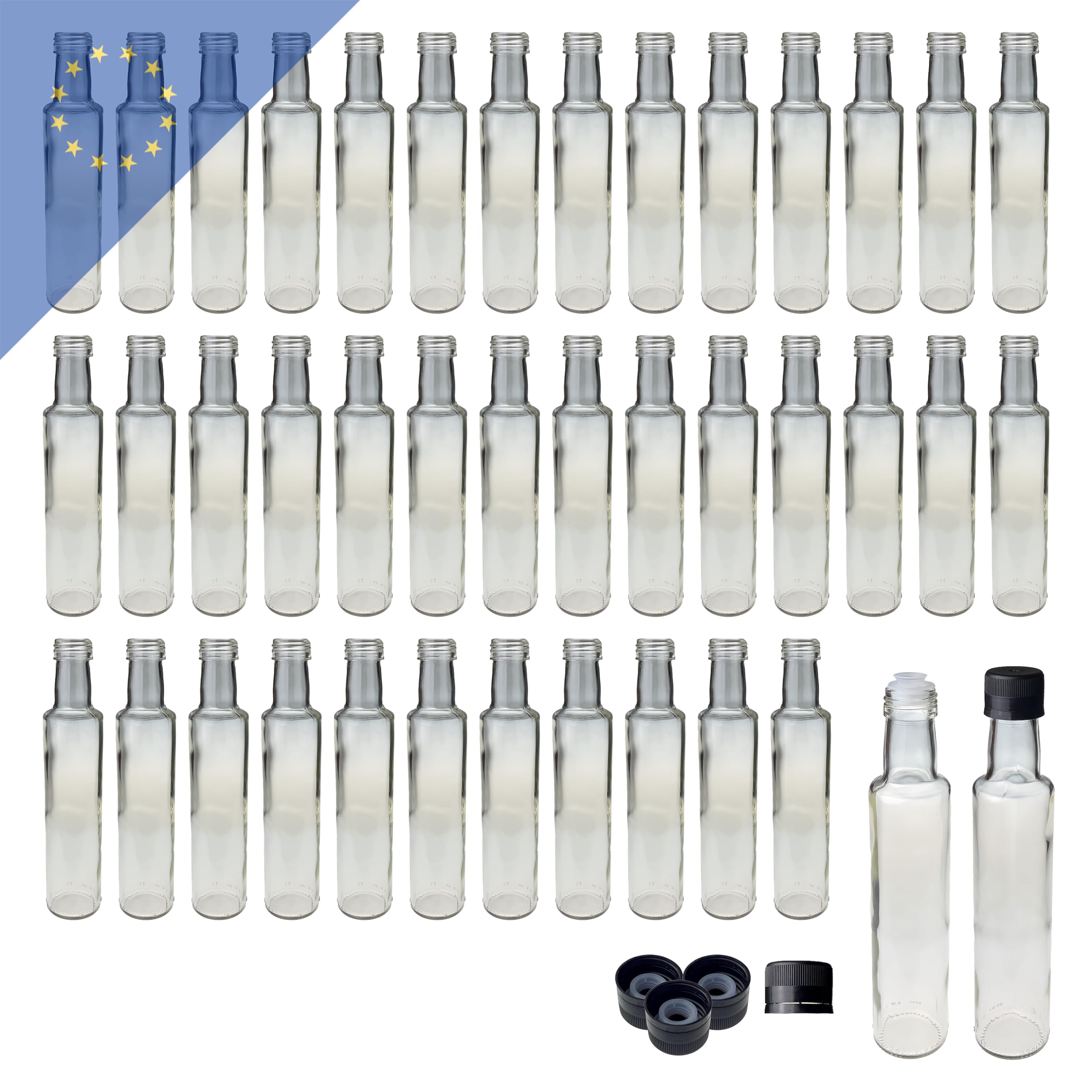 42 Stk. Glasflaschen Dorica 250ml inklusive schwarzem PP31.5 Kunststoffverschluss und Ausgießer – Ideal für Öle, Säfte und Essig – Robuste Flasche für lange Haltbarkeit und optimale Lagerung