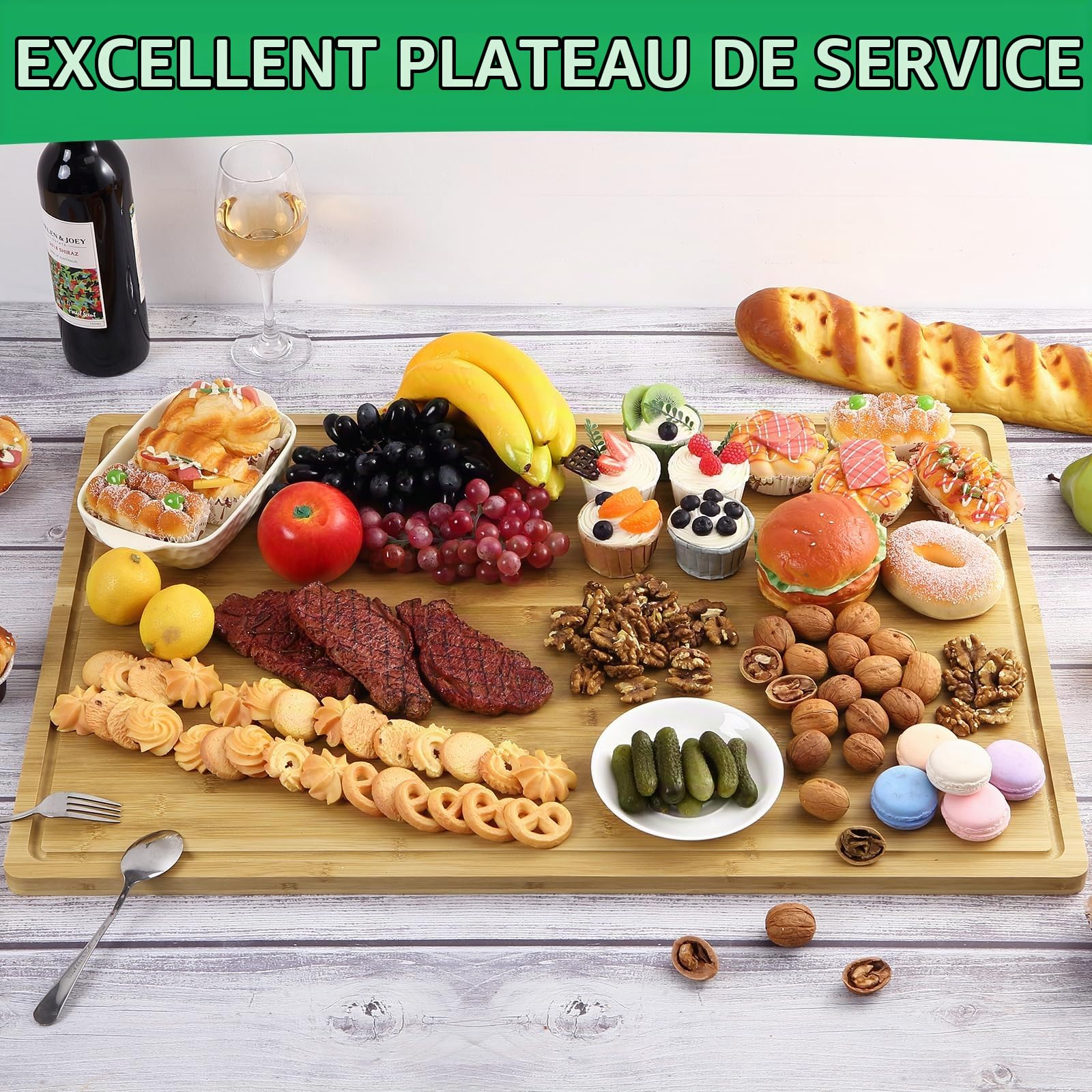Planche à découper en bois - 76 x 51 x 2 cm - En bambou - Avec poignées et rainure profonde - Idéale pour les couteaux - Rectangulaire - Utilisable des deux côtés - Pour viande, légumes et pain