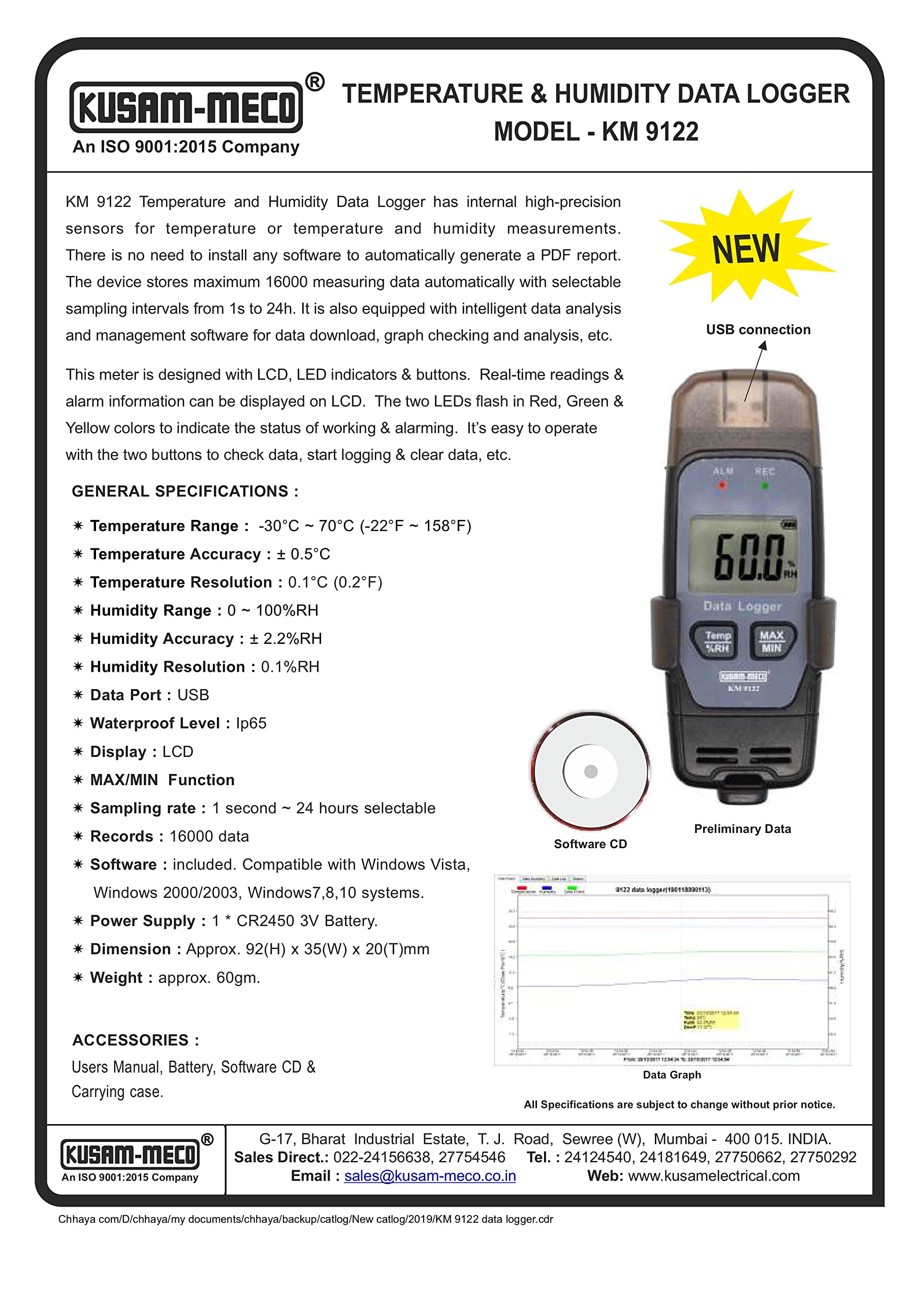 Kusam-meco Temperature & Humidity Data Logger Modal - KM9122 1