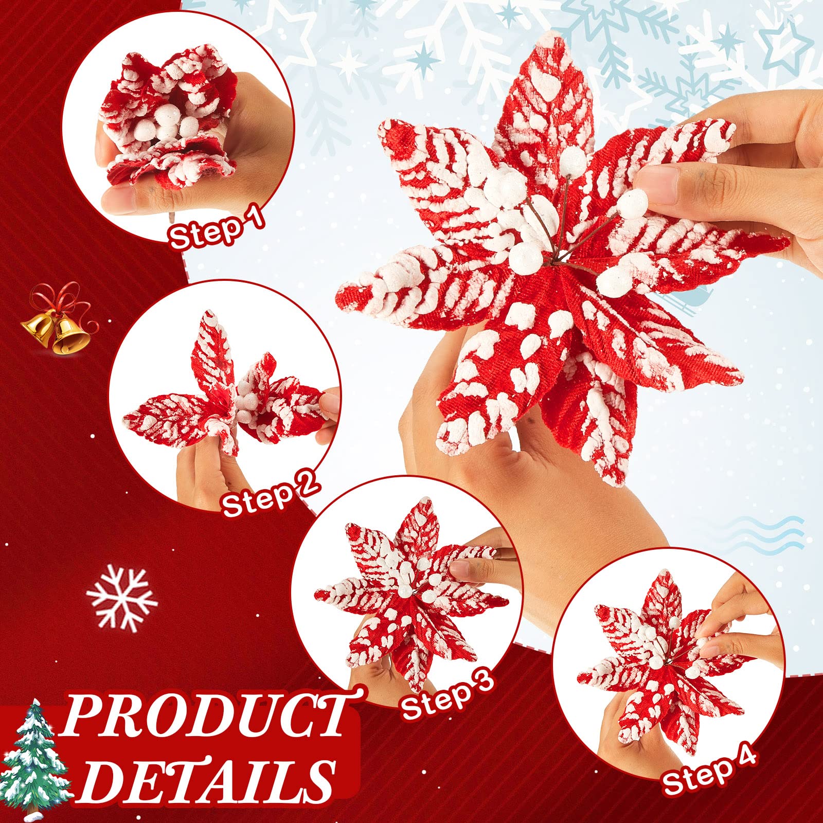 Künstliche Weihnachtsstern, Weihnachtsstern, Dekoration, Weihnachtsblumen, Schnee-Spray, Weihnachtsbaum-Plektren, dekorativer Weihnachtsblumenstiel für Weihnachtskranz-Dekorationen (24 Stück, 14 cm)