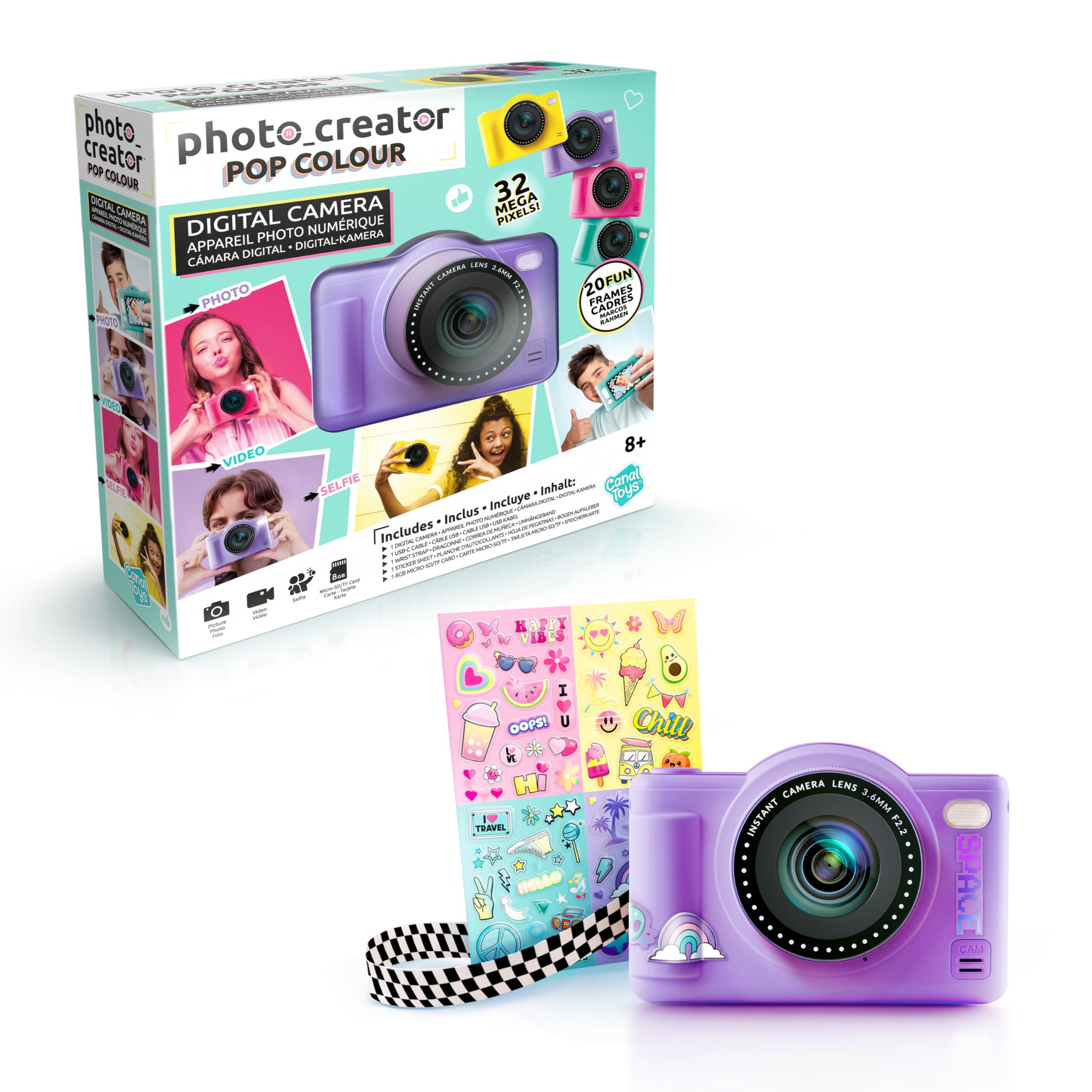 Photo Creator Pop Colour Digital Camera, Purple, 32-Megapixel, Large 2.4" Screen, Flash, Selfie Lens, Includes 8GB Micro SD Card, Kids - Teen Compact Camera, Ages 8+