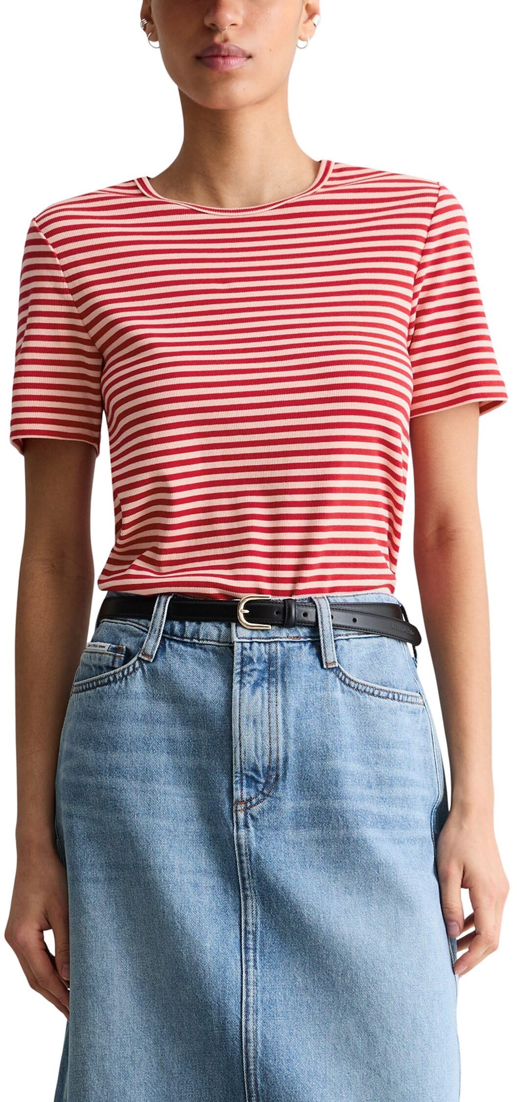 Marc OߴPolo Denim Damen T-Shirt mit Stretch-Anteil gestreift, Mehrfarbig (Medium Red Multi 1), XL