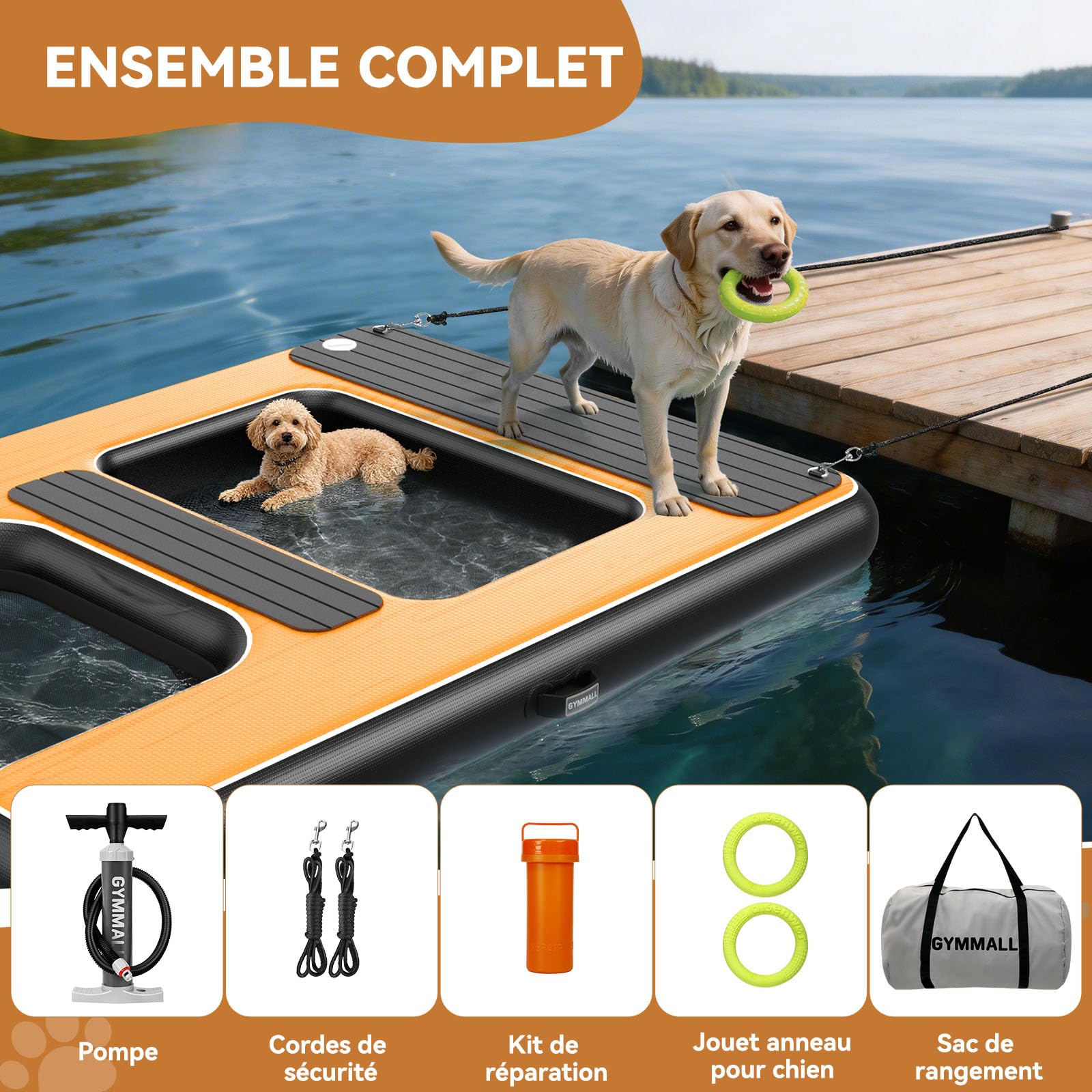 Rampe D'Accès À l'eau Gonflable pour Chien 170 x 120 cm, Plateforme Gonflable Et Rampe 2 en 1, Convient Aux Chiens Jusqu'à 150 Kg, Idéale pour La Piscine, Les Bateaux et Les Pontons