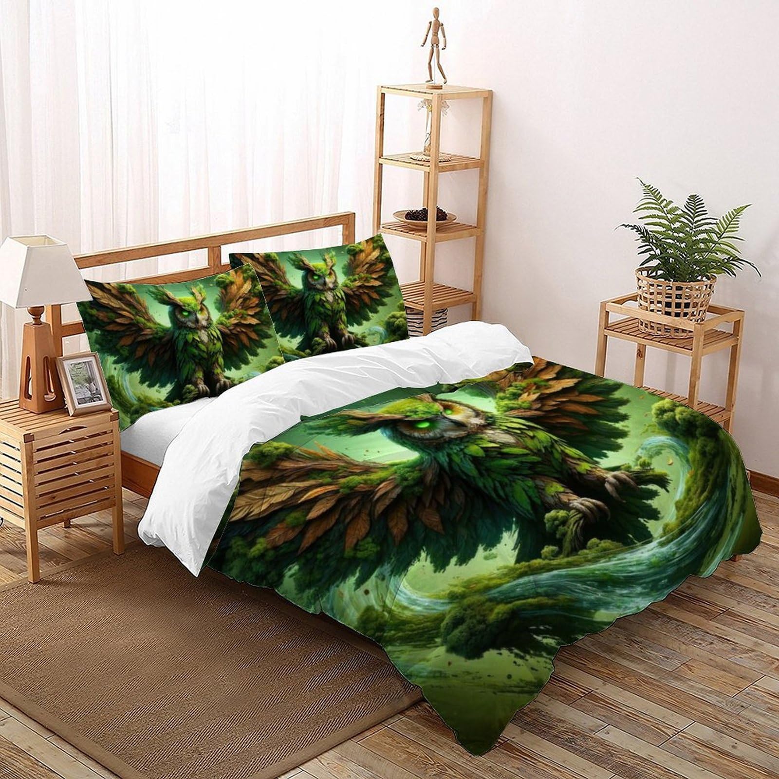 Housse de couette 220x240cm enfant 3 pièces douce lit double motif 3D Green Owl