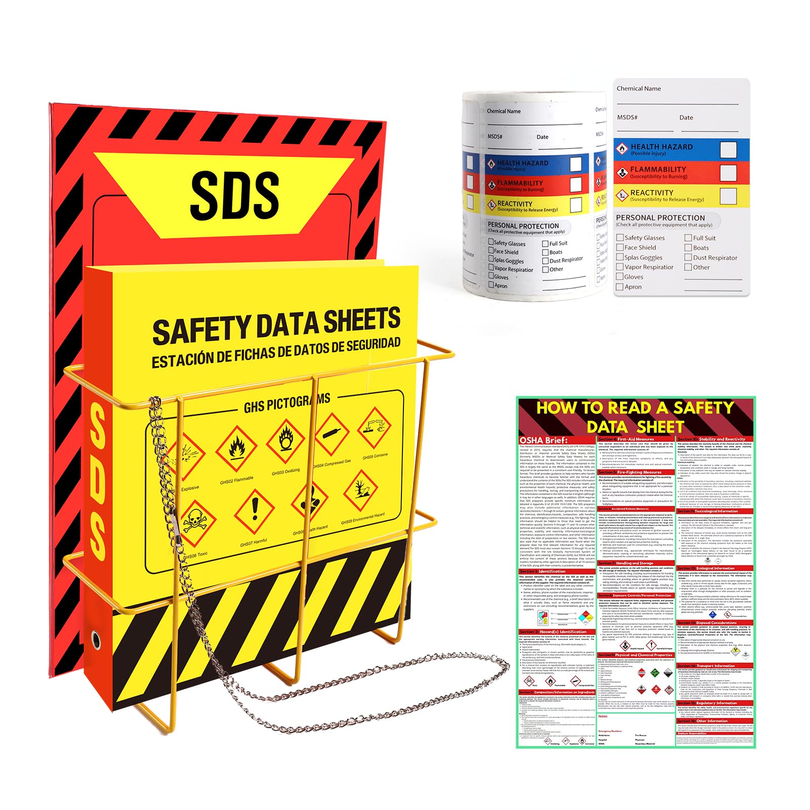 Photo 1 of Lontcs MSDS SDS Binder and Wall Station Set,Yellow Heavy Duty 3 Inch Material Safety Data Sheet 3 Ring Binder with SDS Wire Rack and Display Sign,Chain,Safety Posters,MSDS Labels,Binder Wall Mount