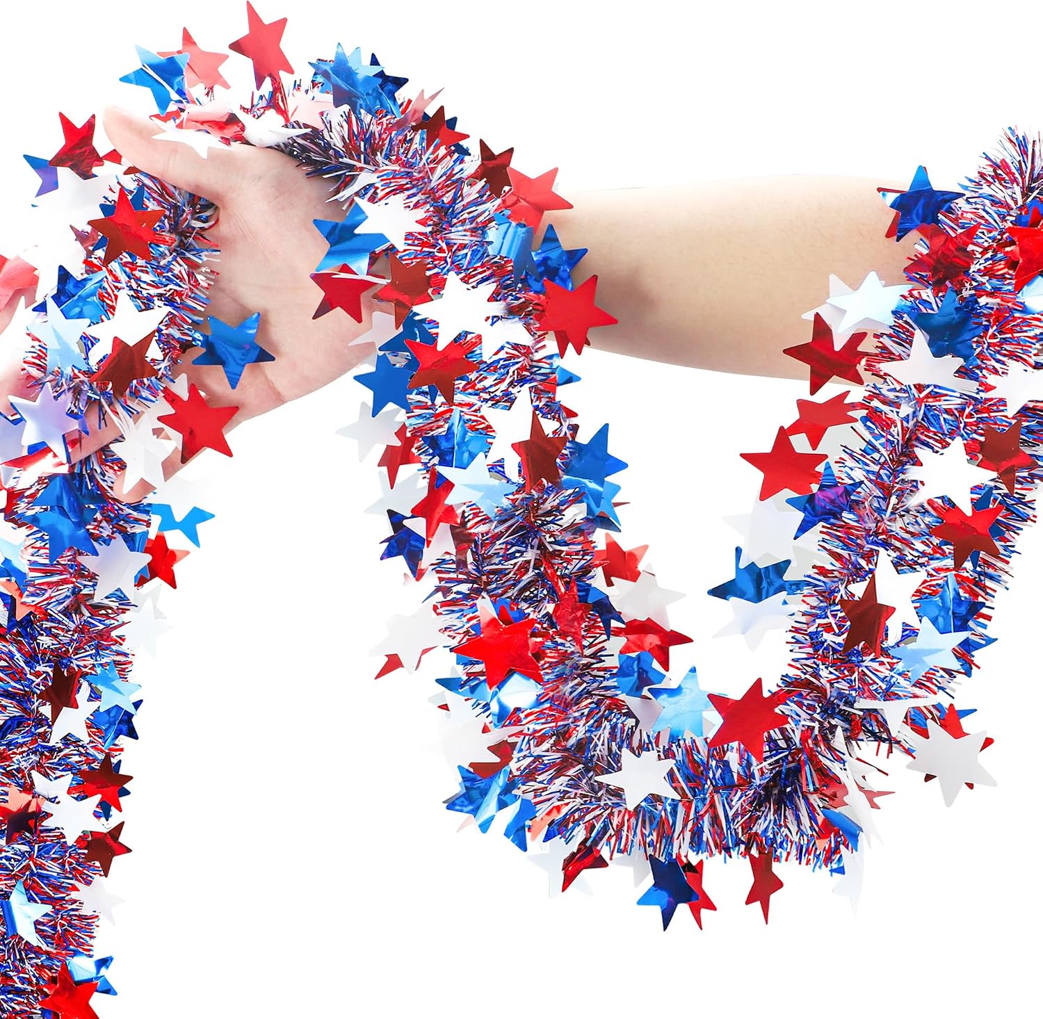 60 Ft 4th of July Tinsel Garland Red White Blue Star Metallic Tinsel Twist Garland Patriotic Glitter Metallic Hanging Decoration for Independence Day Veterans Day Home Party Indoor Outdoor Decor
