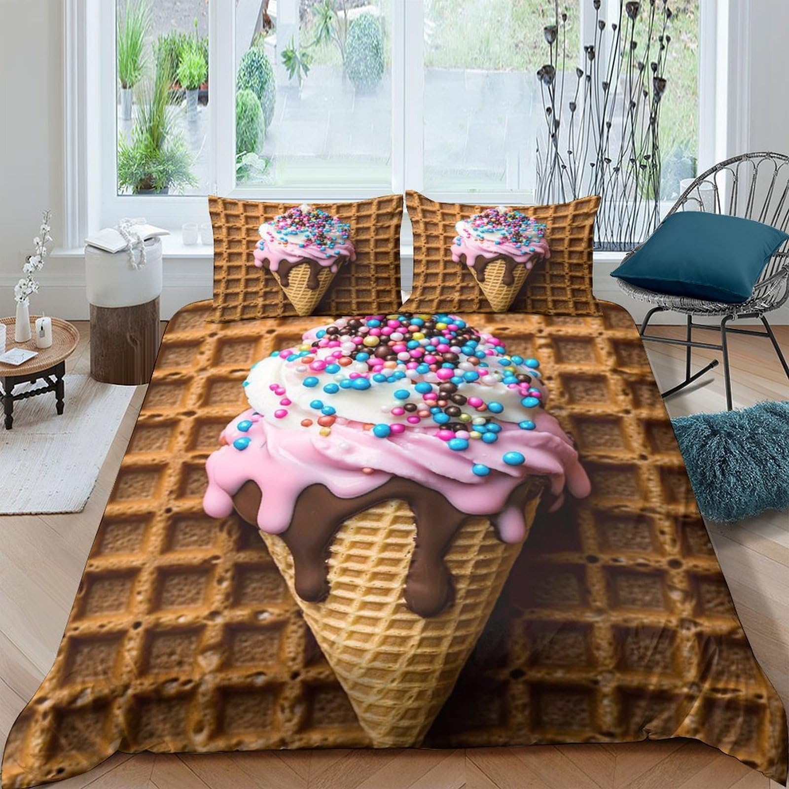 Ctjqhvkz Style-3 3D Printed Ice Cream Cone Fitted Sheet Microfiber Waffle Bed Cover Pink Sprinkles Bedroom Dorm Mattress Decor Single（135X200cm）