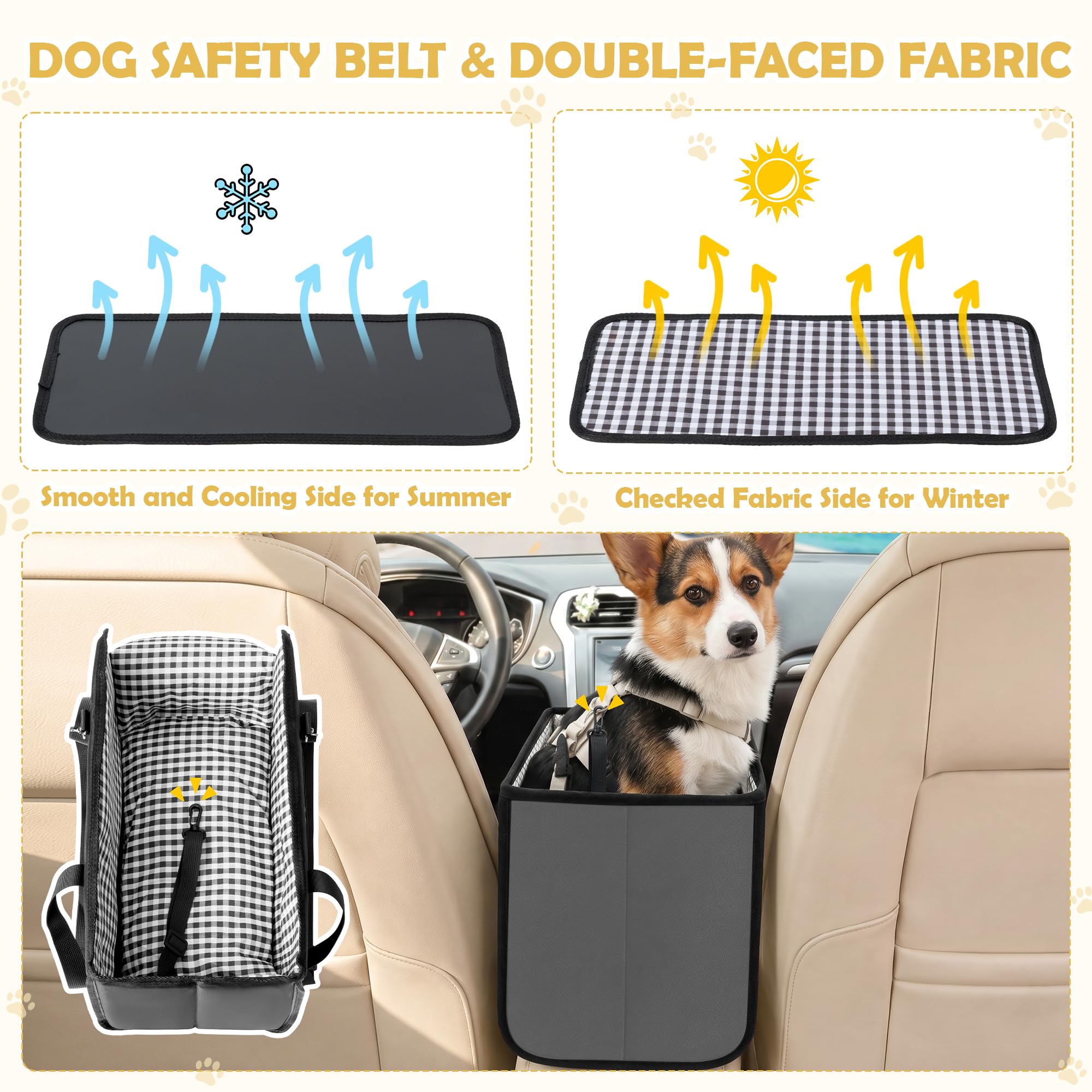 Siège de voiture pour petit chien – Console centrale imperméable pour animal domestique – Rehausseur de voiture amovible avec harnais de ceinture de sécurité – Coussin épais pour chiot et