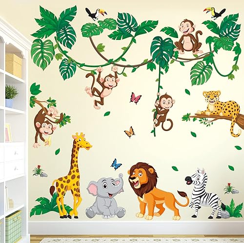 Miniatura 3 de DECOWALL DSL-8069 - Calcomanías de pared de dibujos animados de animales de la selva elefante mono jirafa bosque de león calcomanías para niños bebé