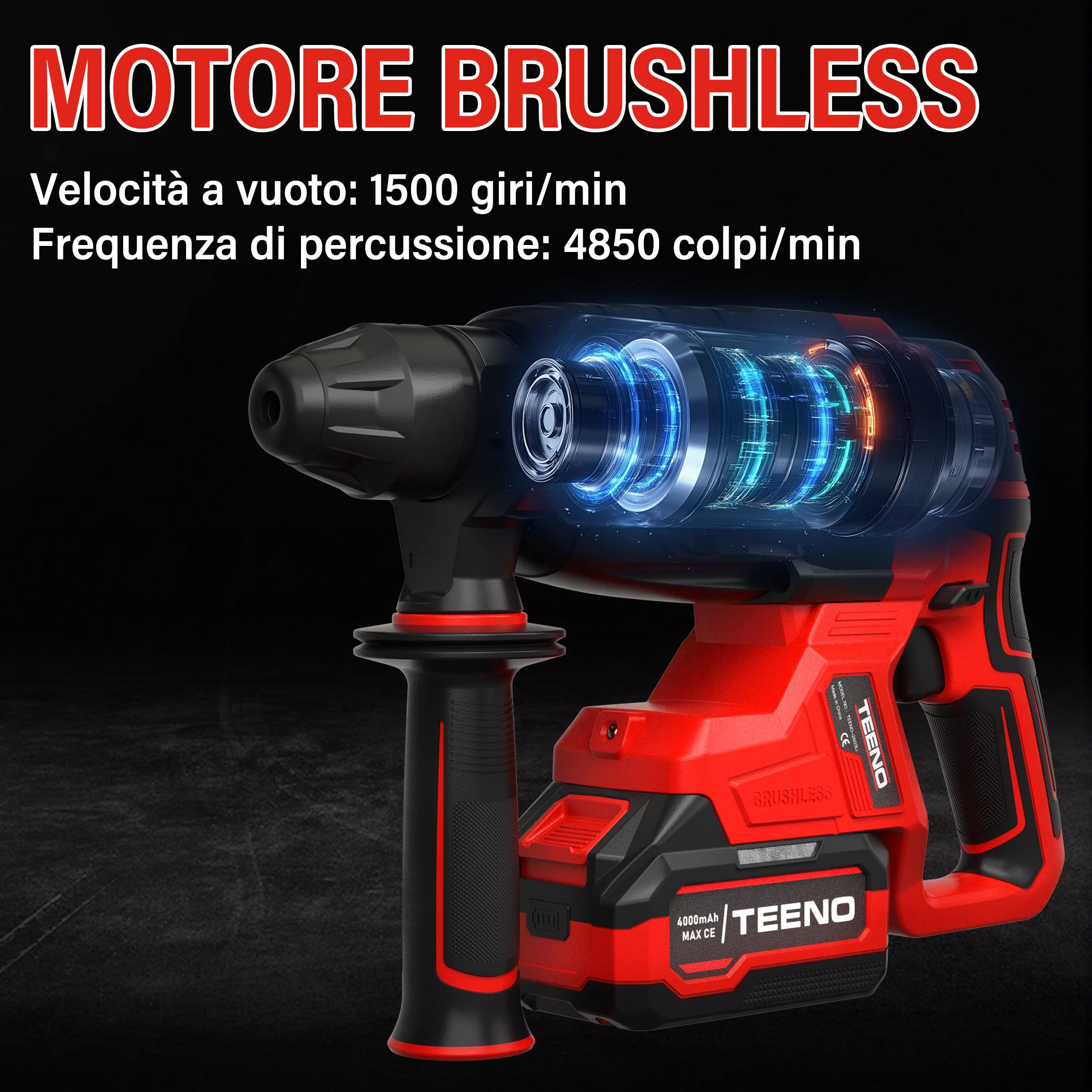Tassellatore a Batteria 20V Senza Spazzole, 2.6J, 1500RPM, 4850BPM, SDS-Plus 3 Funzioni, 2×4.0Ah Batterie e Caricatore, Luce LED, Design Antivibrazione con Valigetta e 8 Accessori
