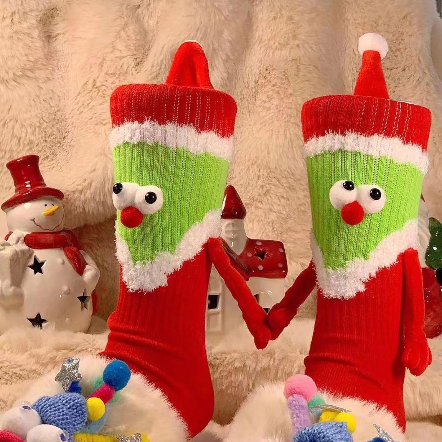 2 Pairs Novelty 3D Hand Holding Socks Christmas Stockings, Funny Holiday Couple Silly Gift - Image 2