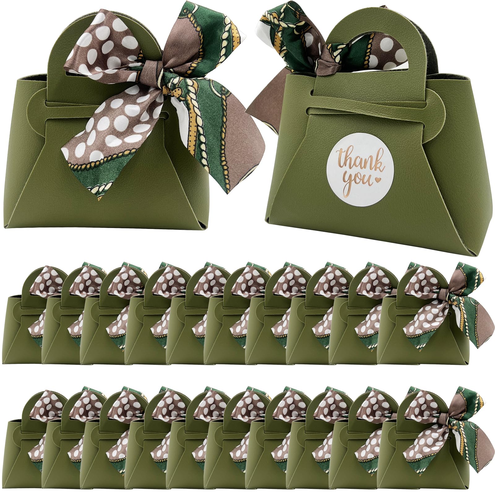 DUGYIRS 20 Pieces PU Leather Gift Bags with Satin Ribbon,Reusable Gift Boxes for Weddings,Birthday,Baby Showers,Candy(Olive Green)