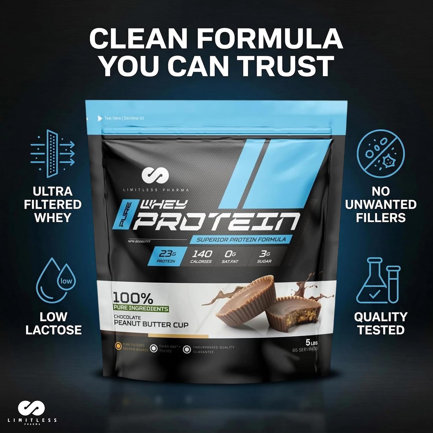 Limitless Pharma Pure Whey Protein | High Protein Whey Concentrate Powder | 23g Protein, 6g BCAAs, Gluten Free, Low Sugar, Low Carb, Low Lactose | 65 Servings, 5LB (Smooth Vanilla)