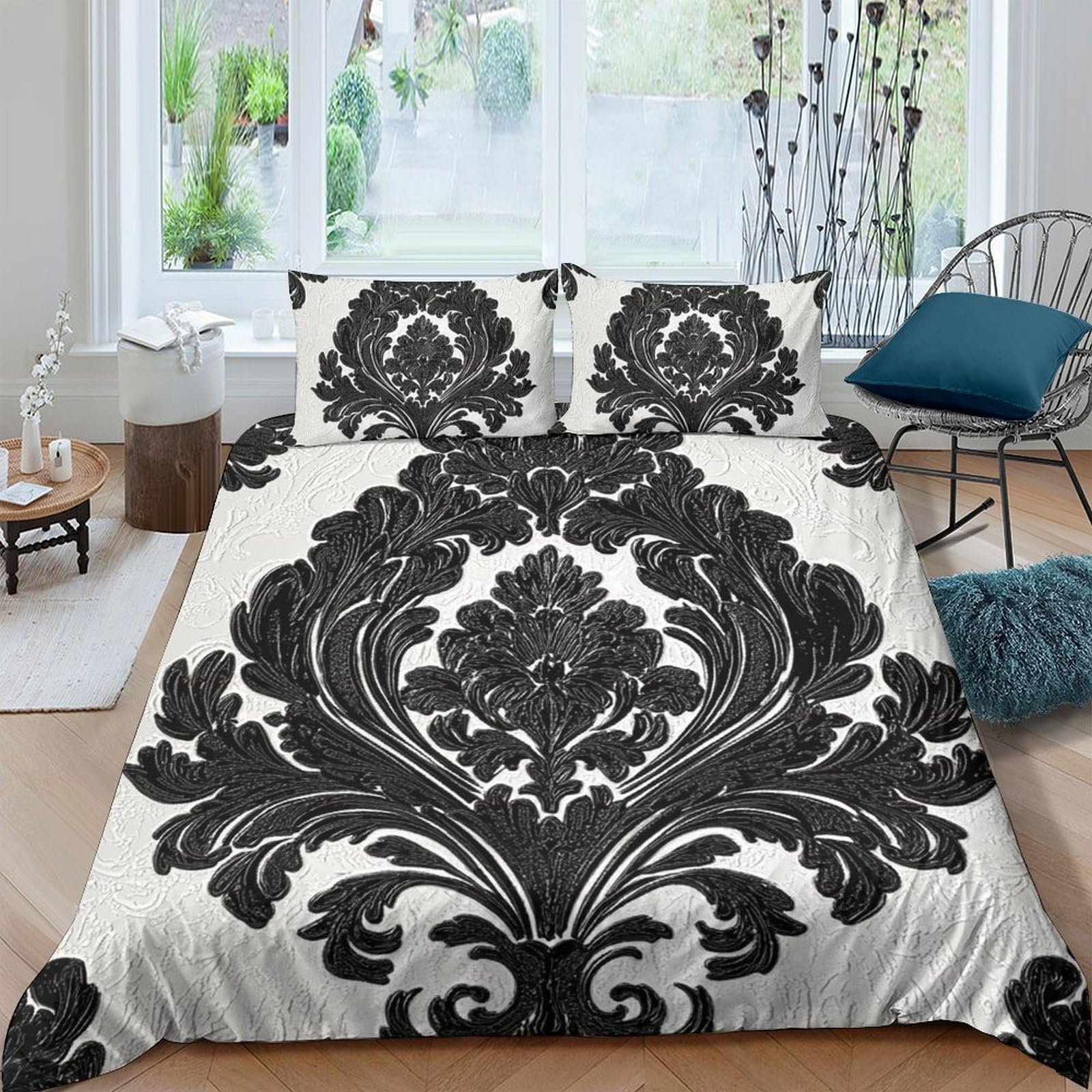 Ctjqhvkz Style-4 3D Printed Baroque Damask Fitted Sheet Microfiber Soft Breathable Black White Mattress Cover Bedroom Decor Single（135X200cm）